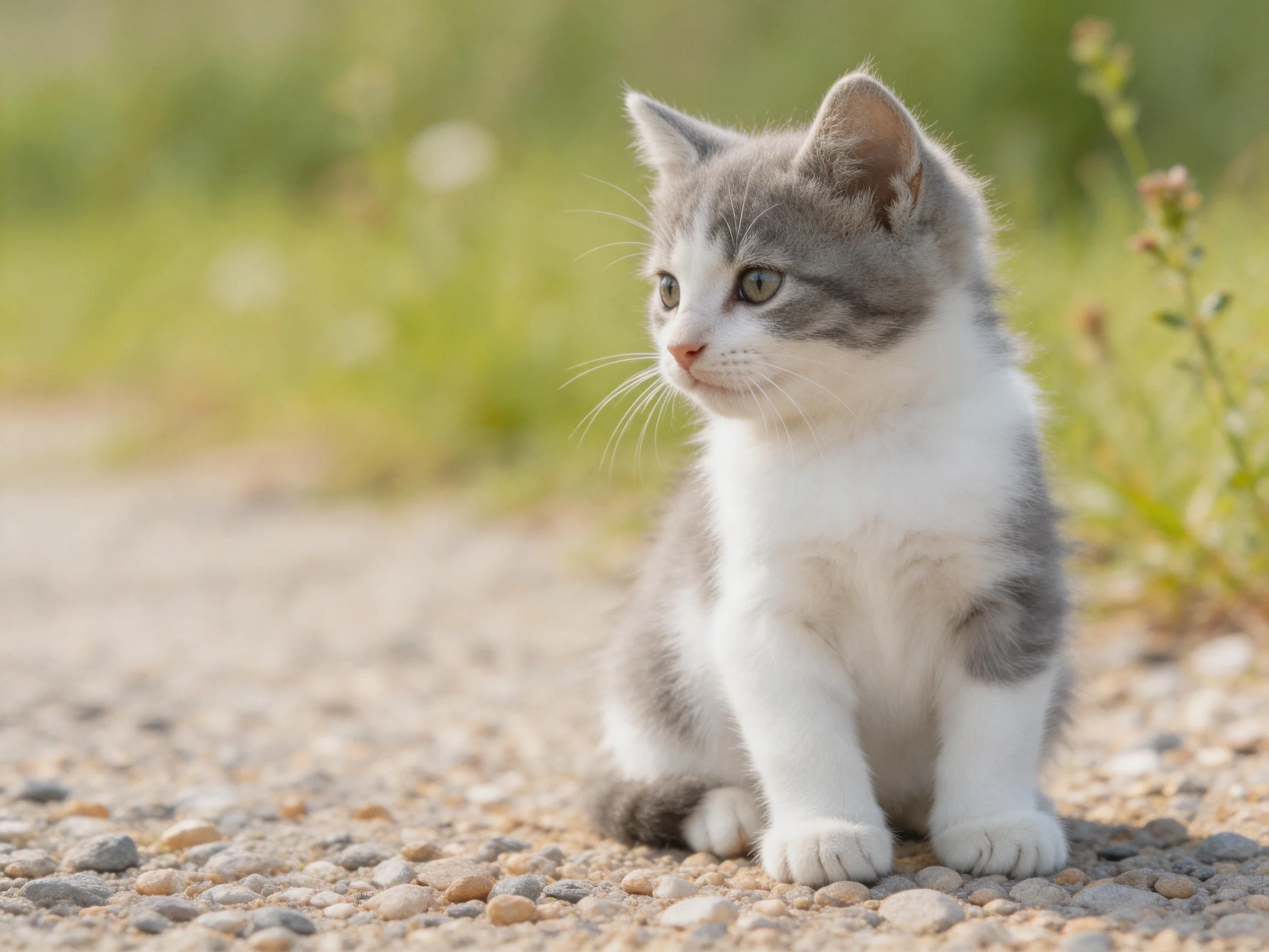 A gray and white kitten sits on a gravel path in an outdoor area.