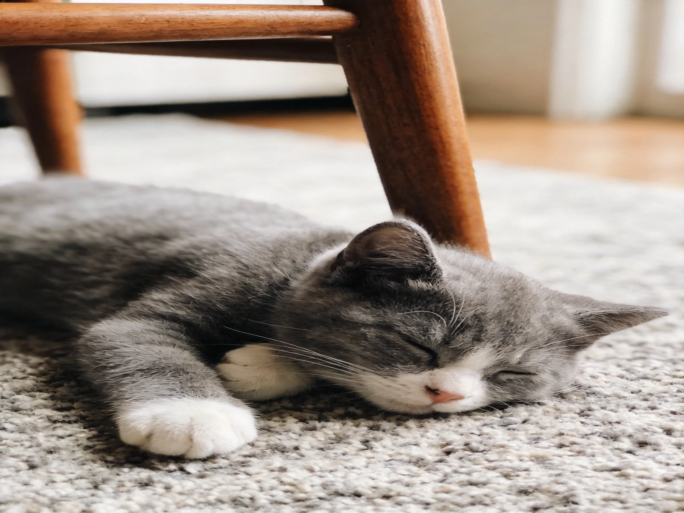 A gray and white kitten sleeps peacefully near a wooden chair.