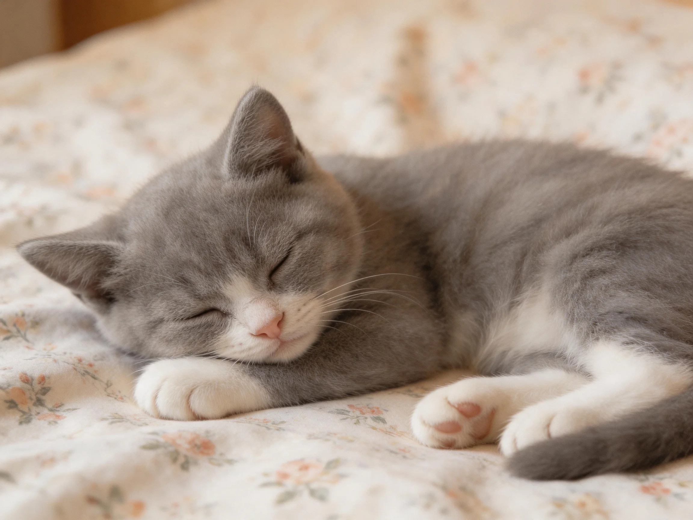 A gray and white kitten rests on a flowered bedspread