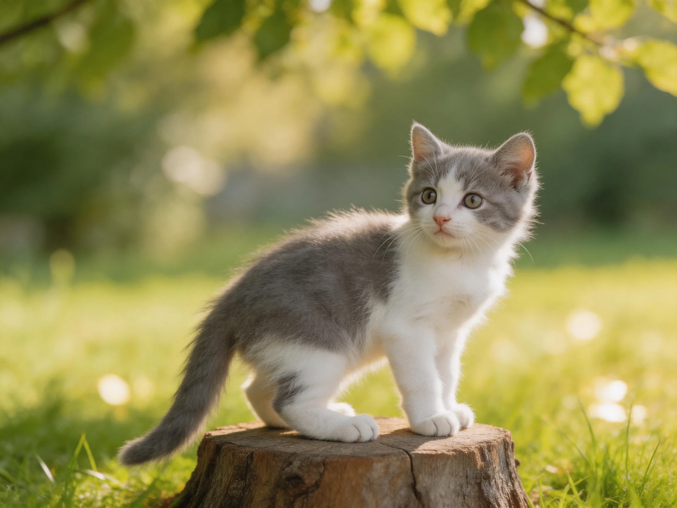 A gray-and-white kitten stands on a tree stump in a sunlit outdoor setting.