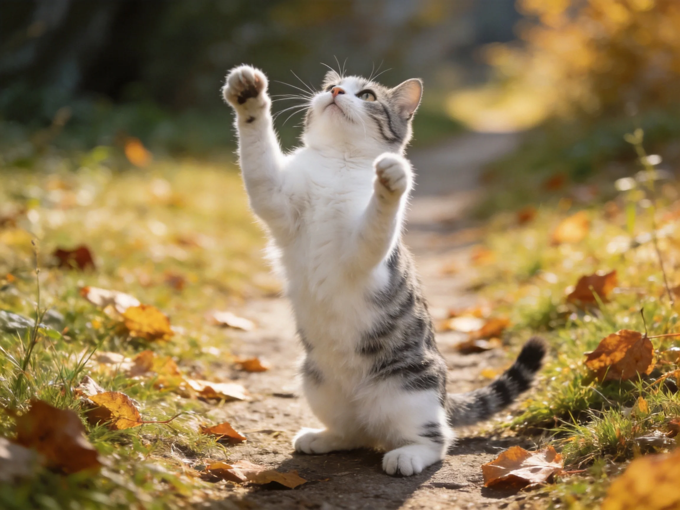 A gray-and-white kitten stands on hind legs reaching amid autumn leaves