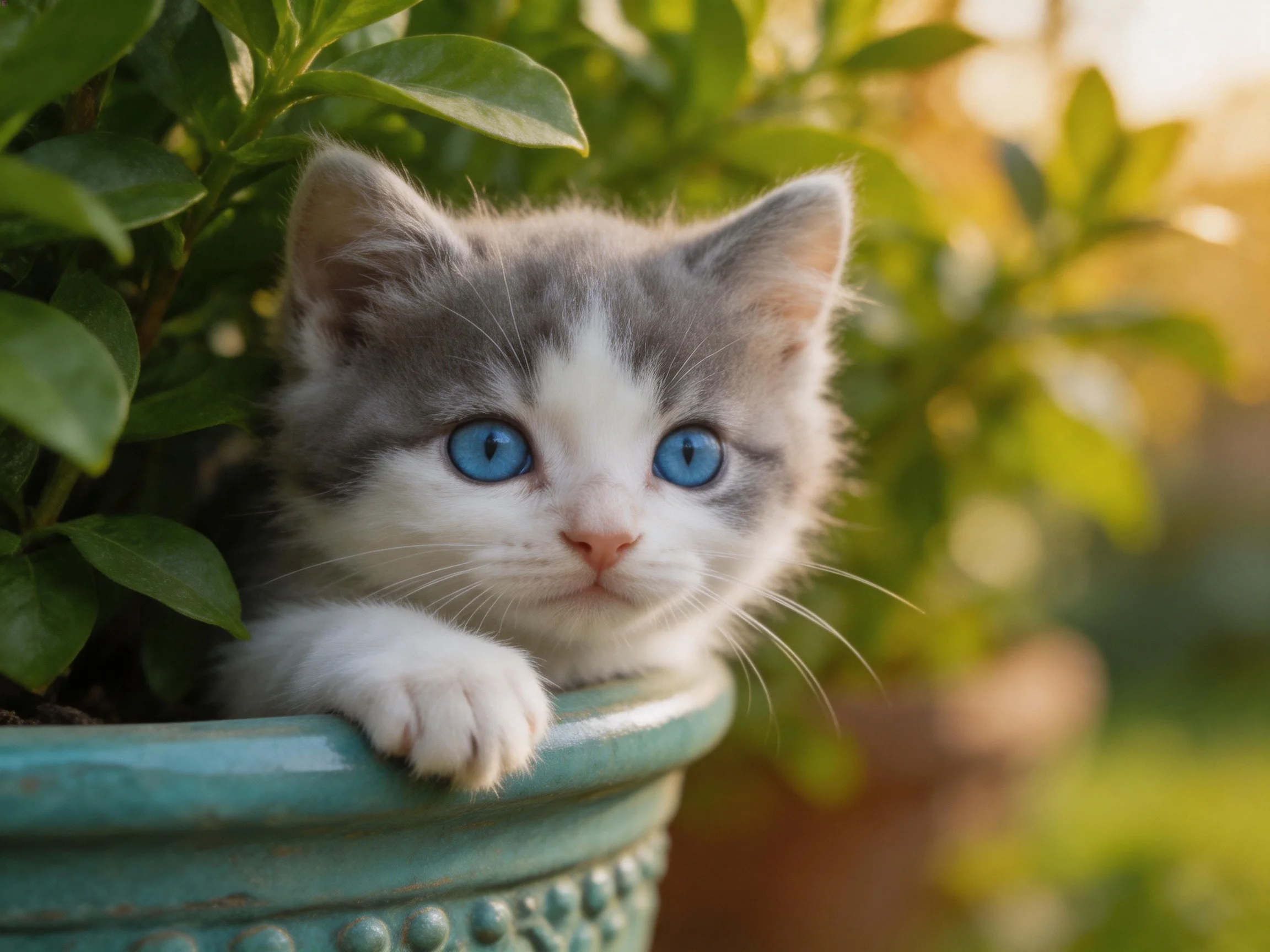 A small gray-and-white kitten with blue eyes rests in a turquoise planter surrounded by greenery.