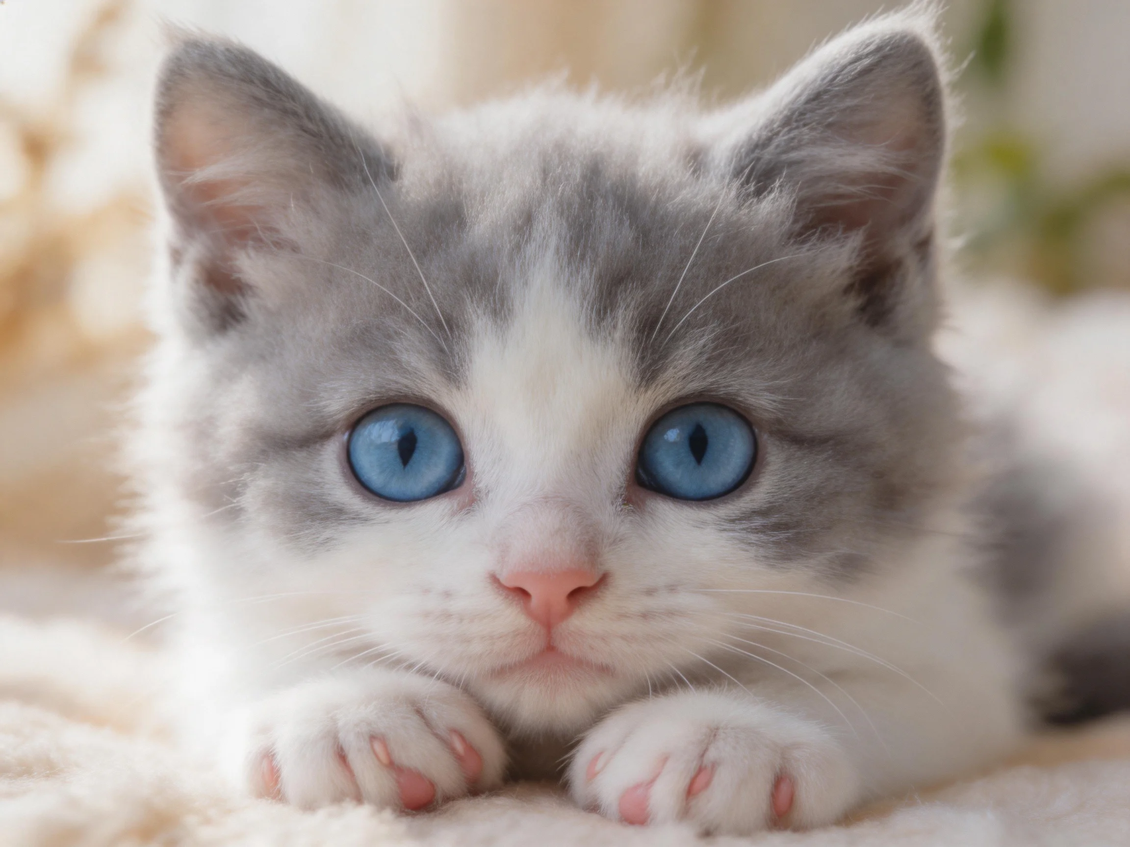 A gray and white kitten with bright blue eyes resting on soft fabric