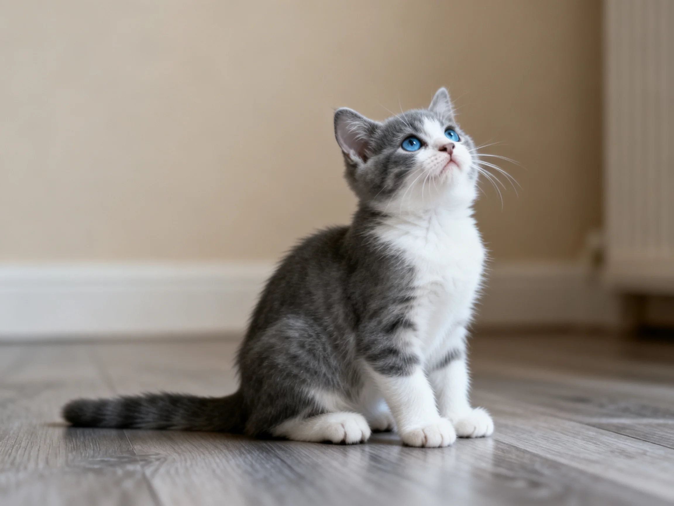 A gray and white kitten with blue eyes sits attentively on an indoor wooden floor.