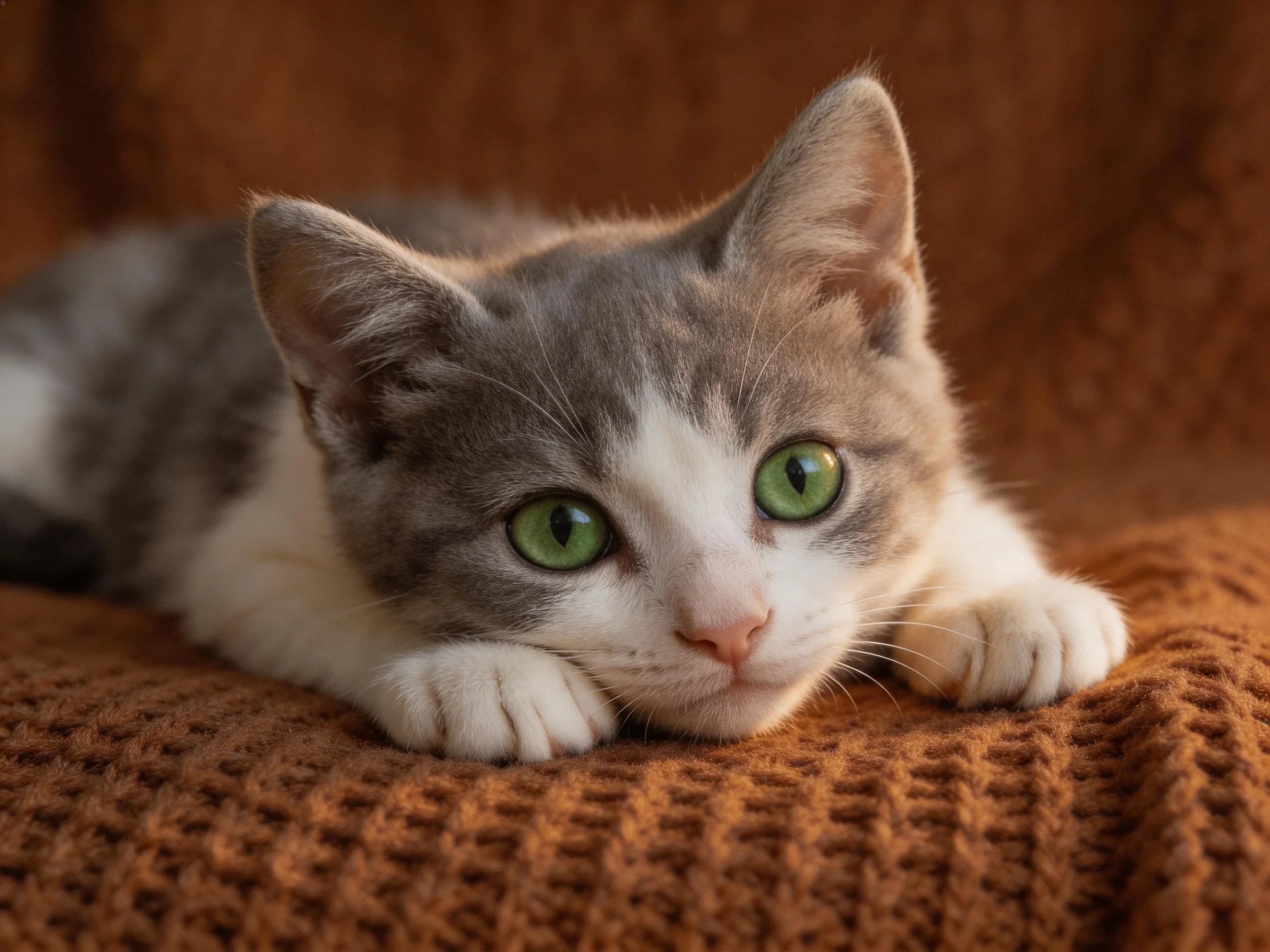 A gray-and-white kitten with bright green eyes rests on a brown knitted fabric