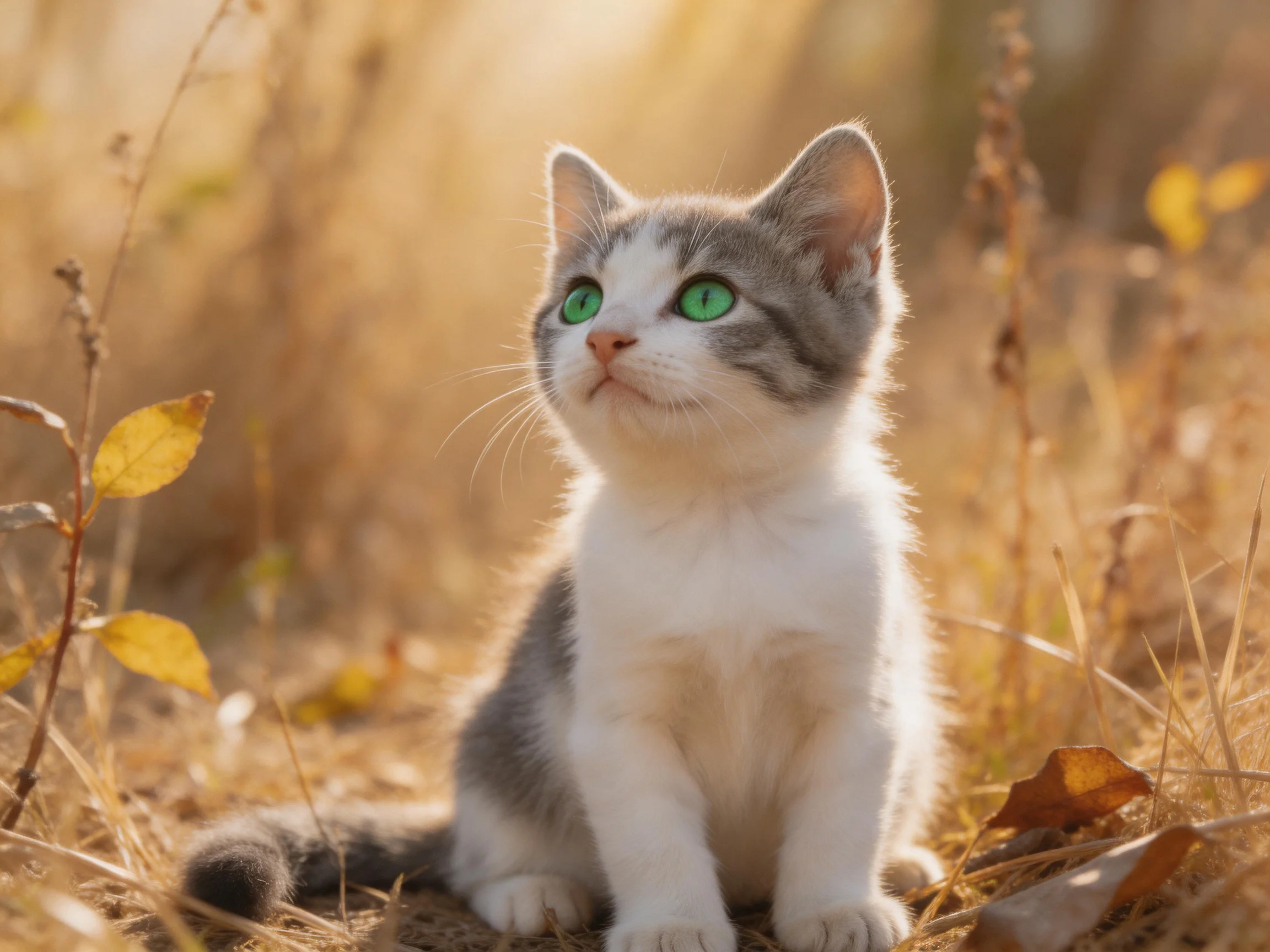 A gray-and-white kitten with green eyes sits in sunlit grassy terrain.