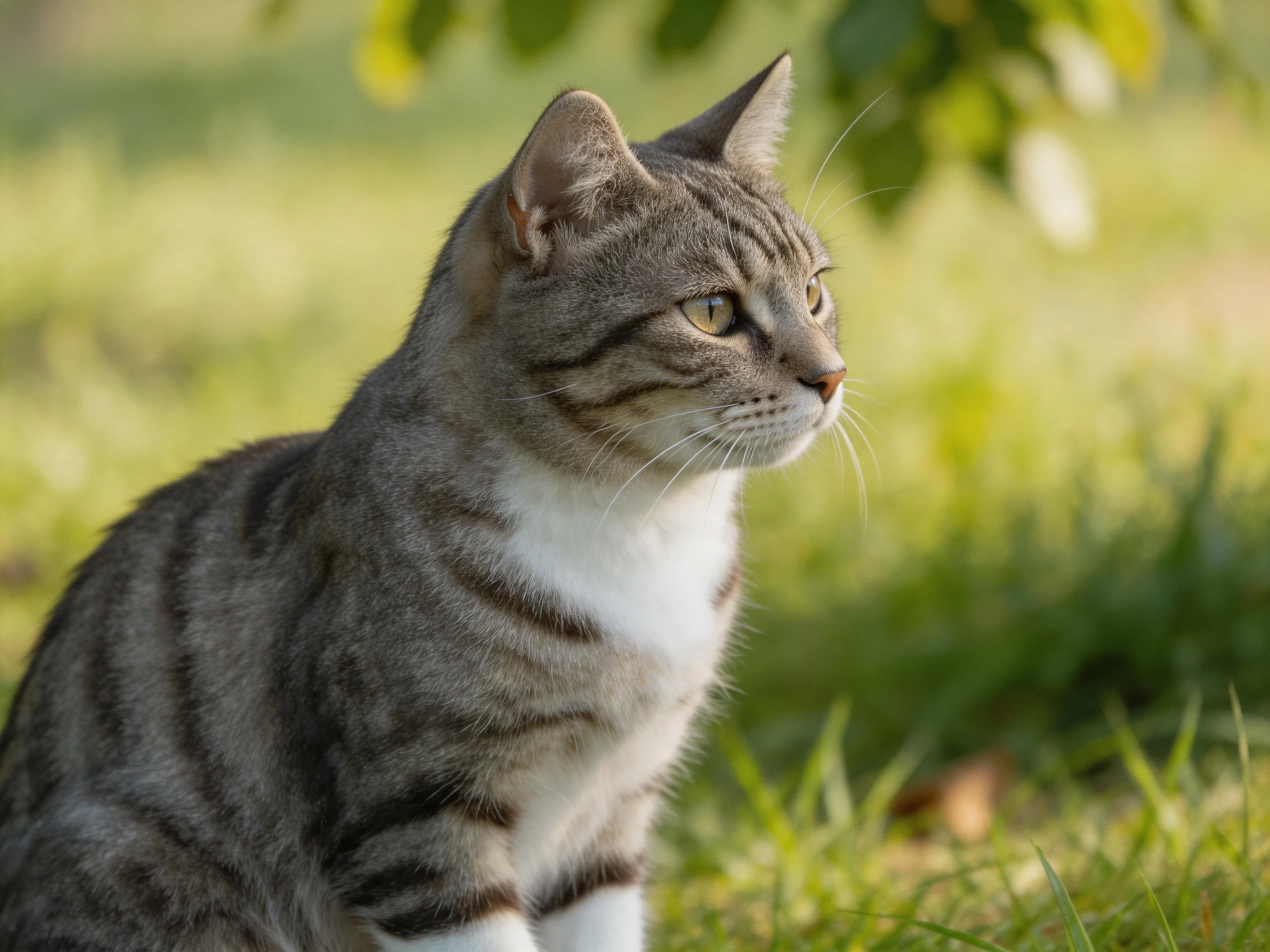 A gray and white striped cat sits alertly in a sunlit grassy area
