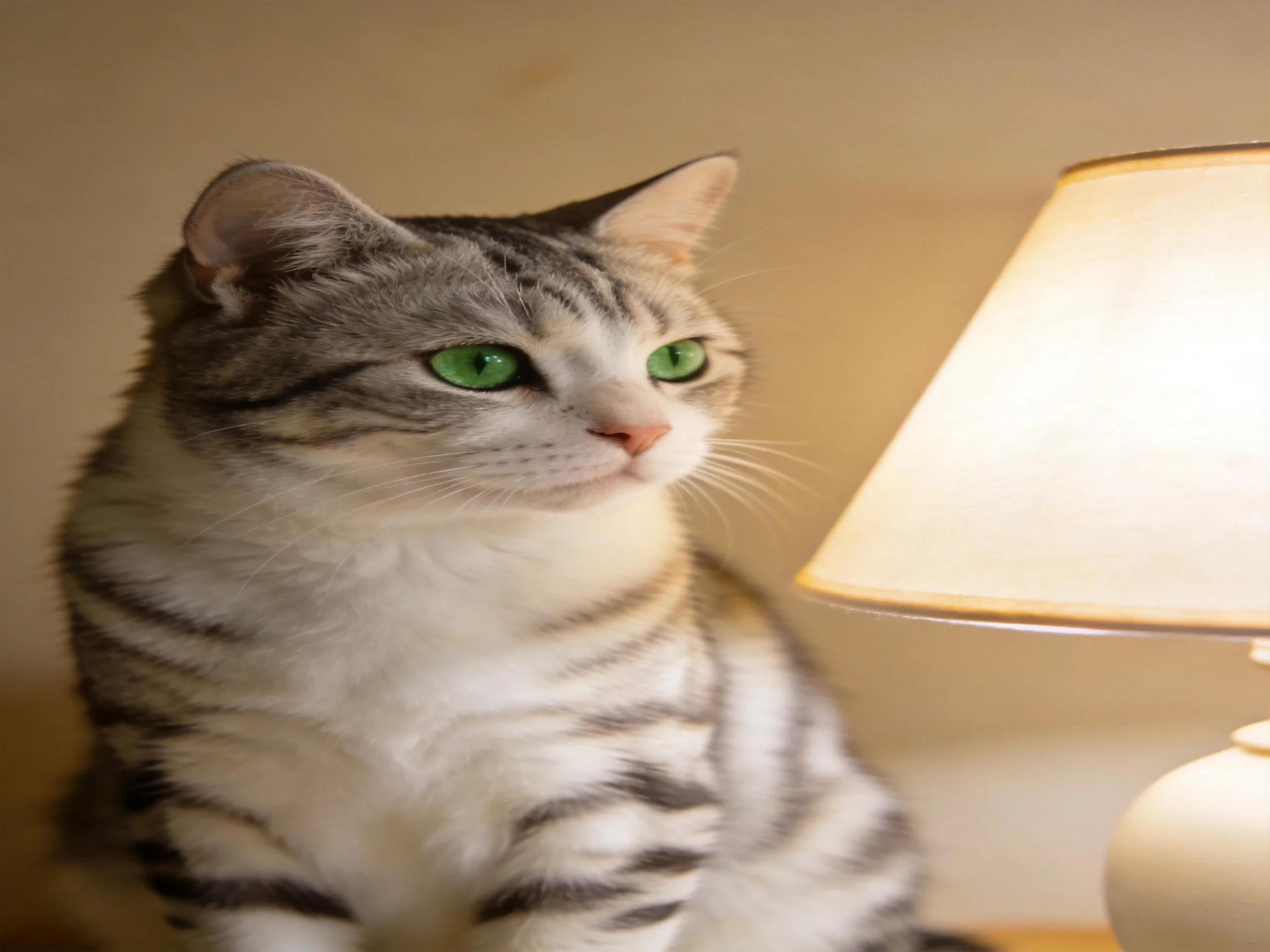 A gray and white striped cat sits next to a lit table lamp.