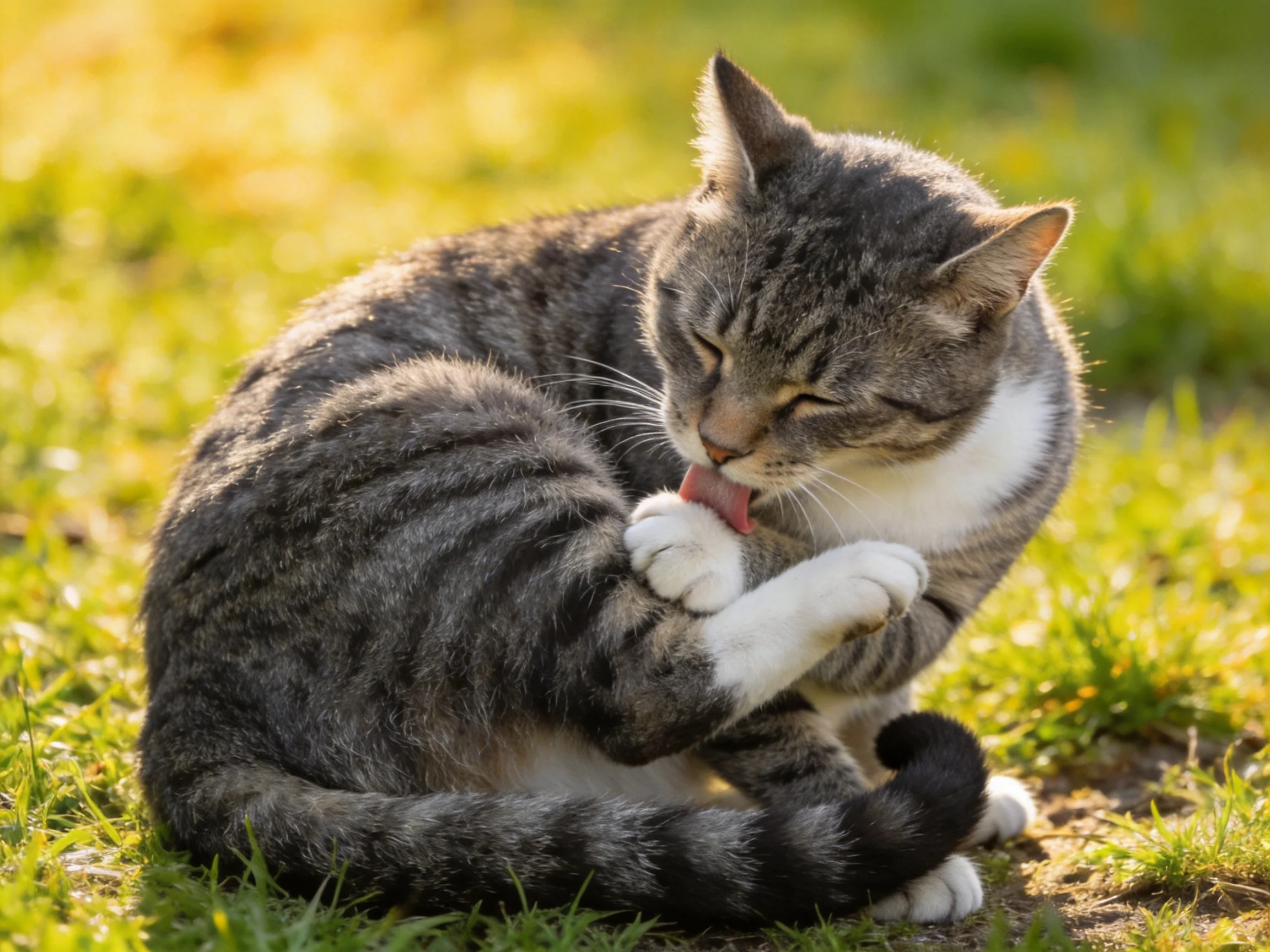 A gray and white tabby cat grooming itself outdoors