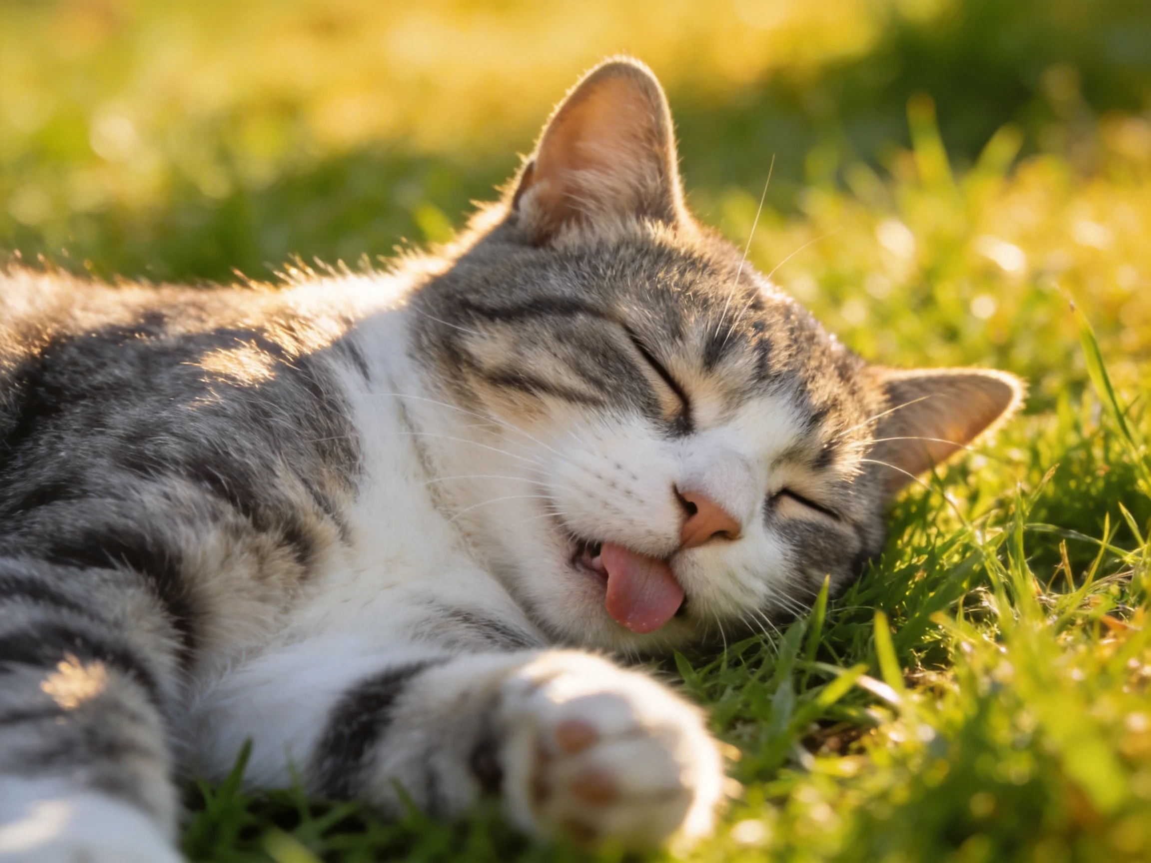 A gray and white tabby cat relaxes on green grass in bright sunlight.