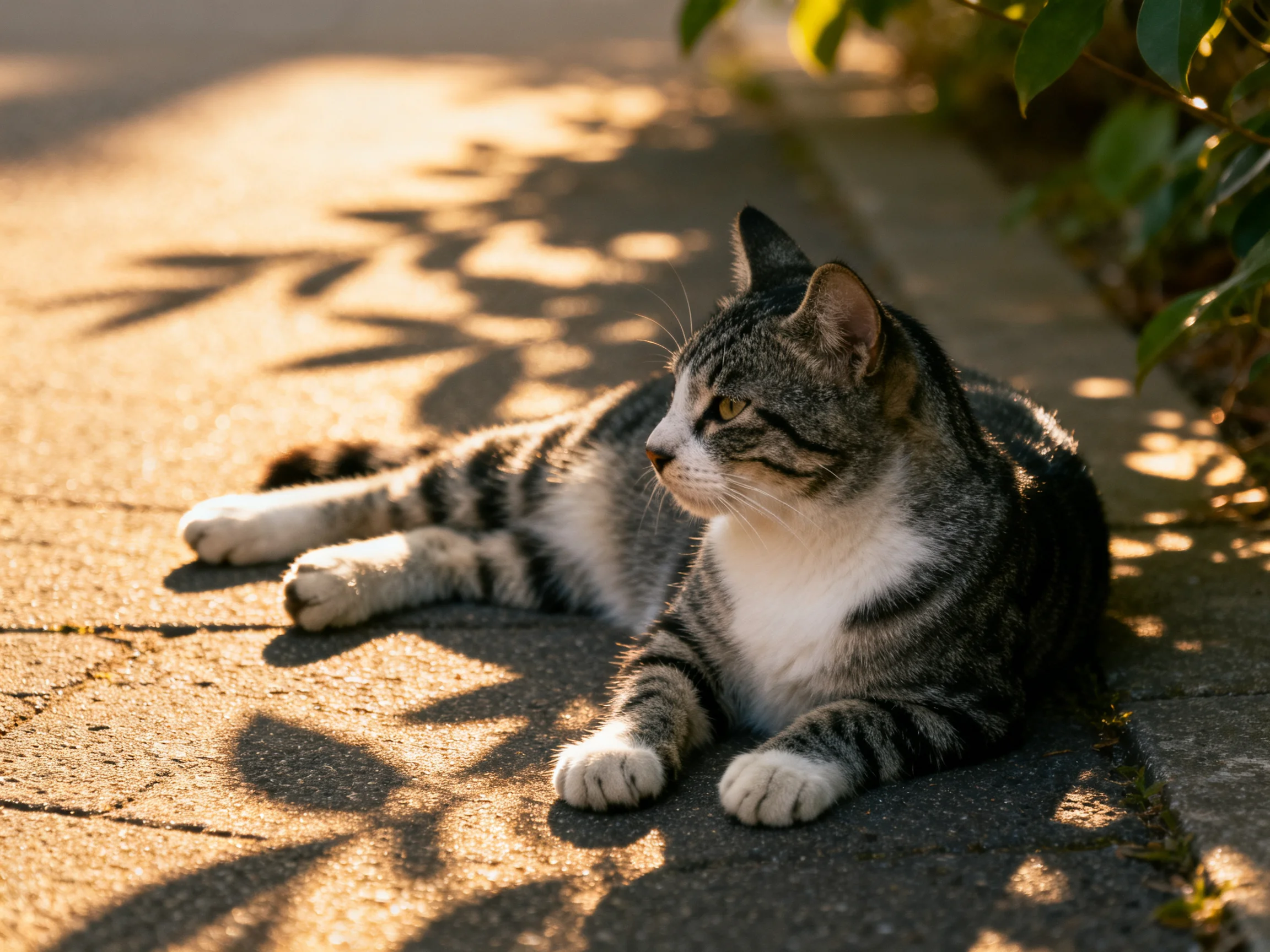 A gray and white tabby cat relaxes on a sunlit pavement near greenery
