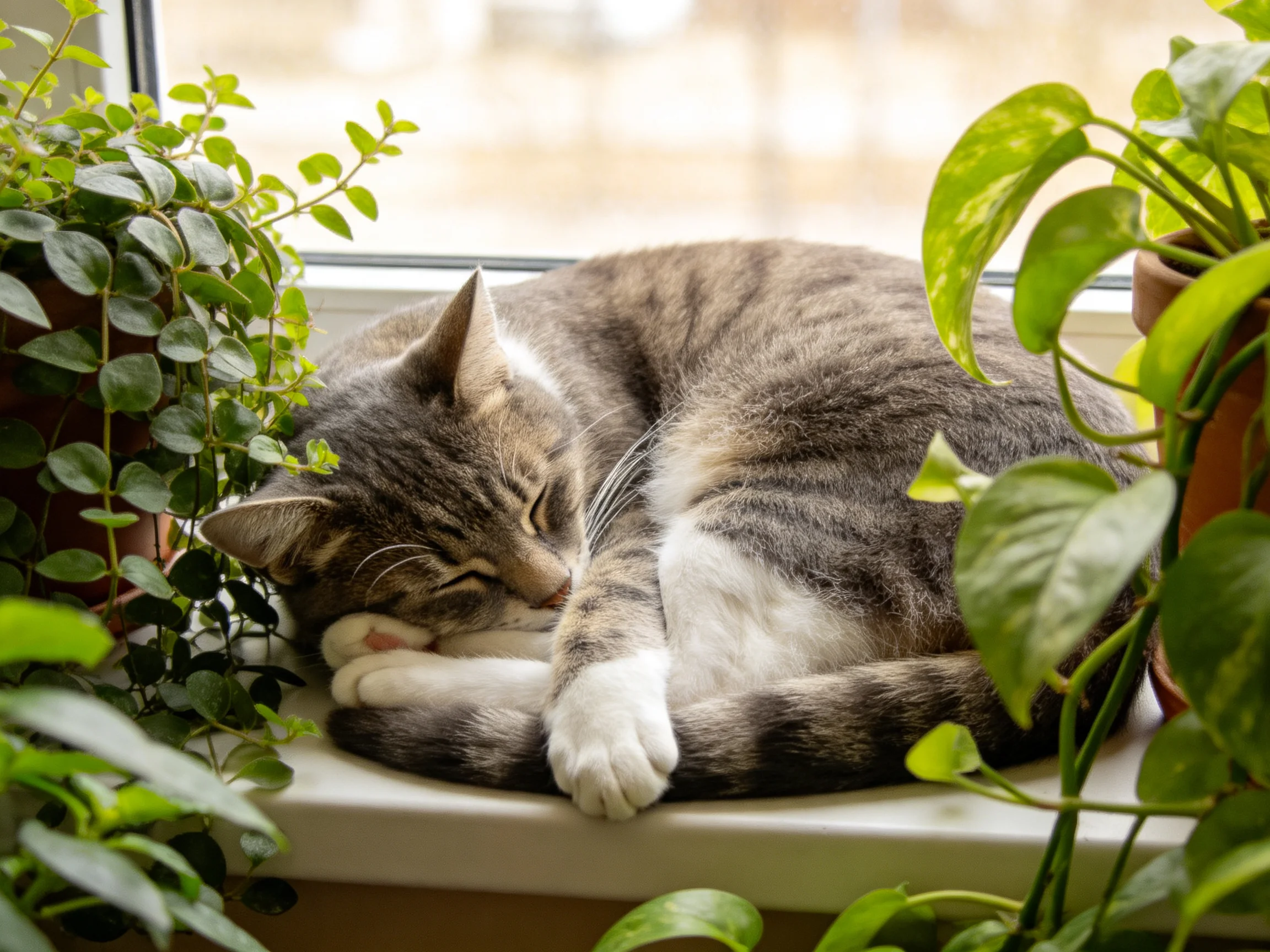 A tabby cat curls up asleep beside lush green plants near a sunlit window.