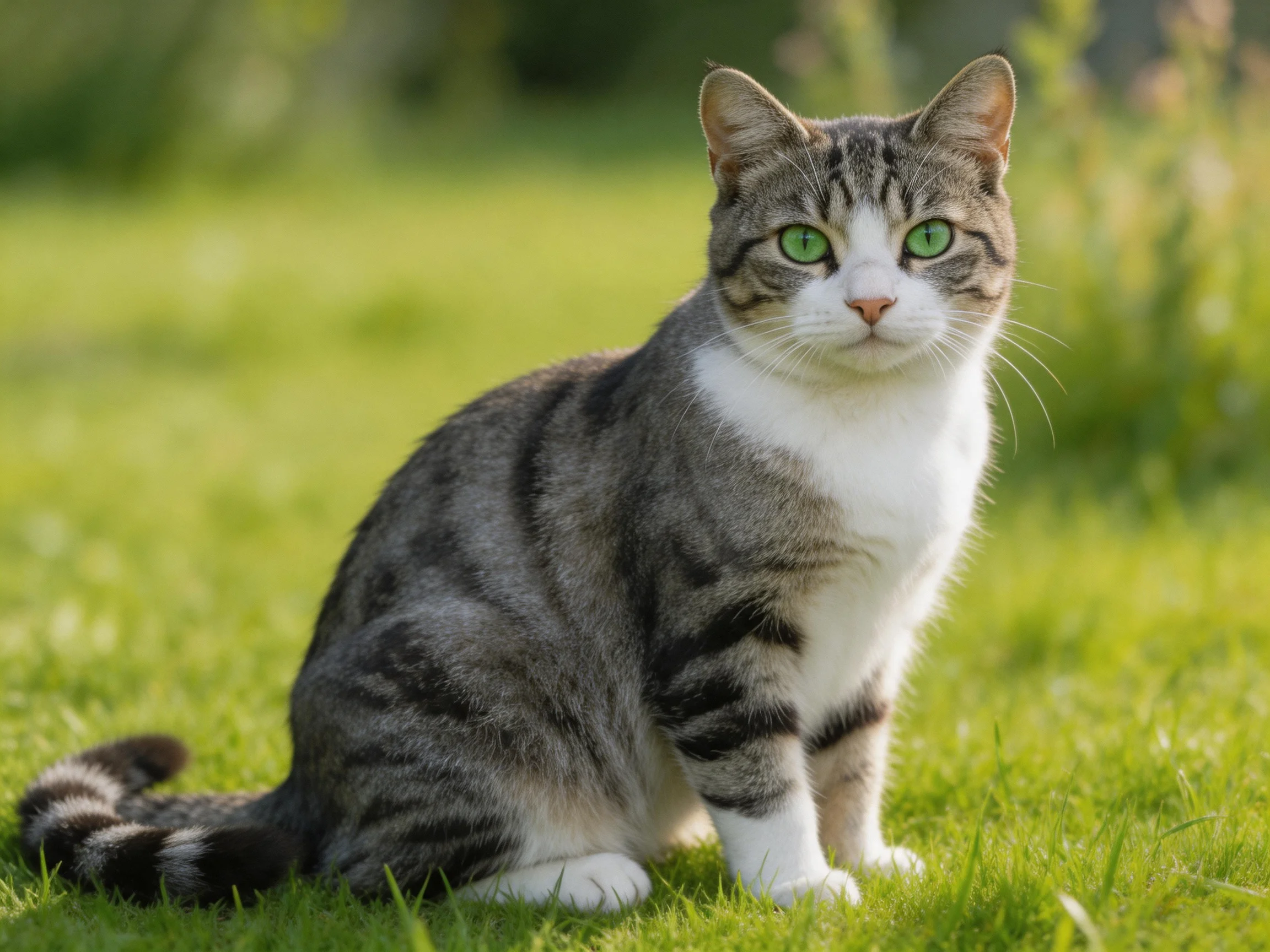A gray and white tabby cat sits calmly on green grass.
