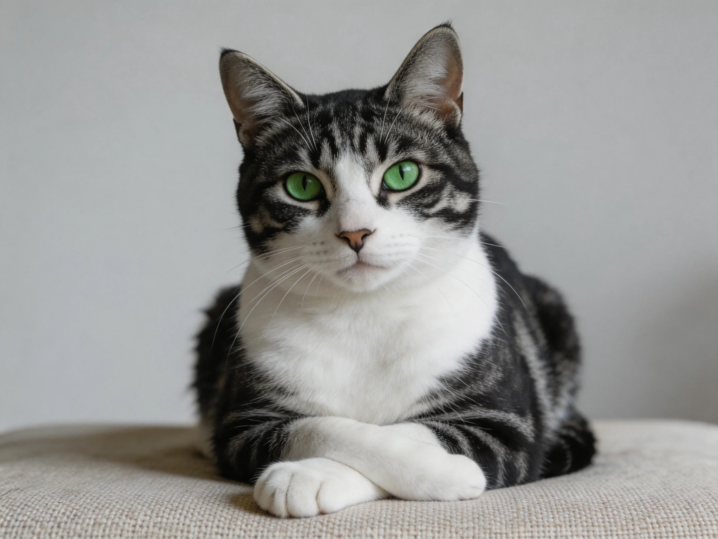 A gray and white tabby cat with bright green eyes rests calmly on a neutral surface.