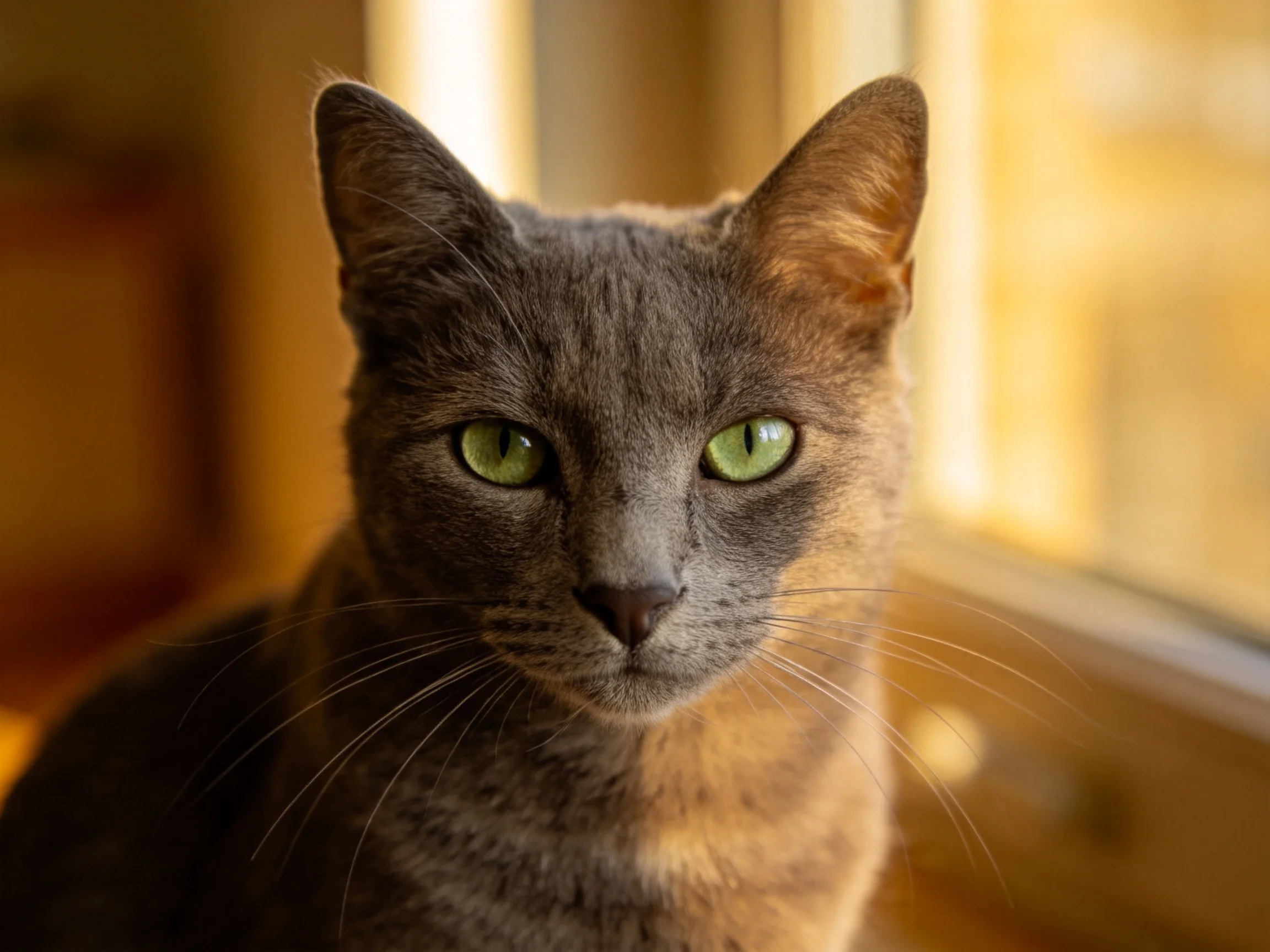 A gray-brown cat with bright green eyes near a sunlit window