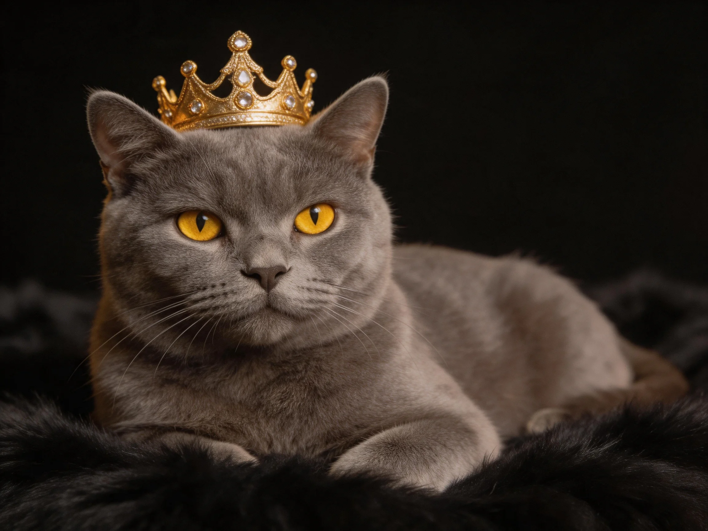 A gray cat wears a golden crown against a dark background.