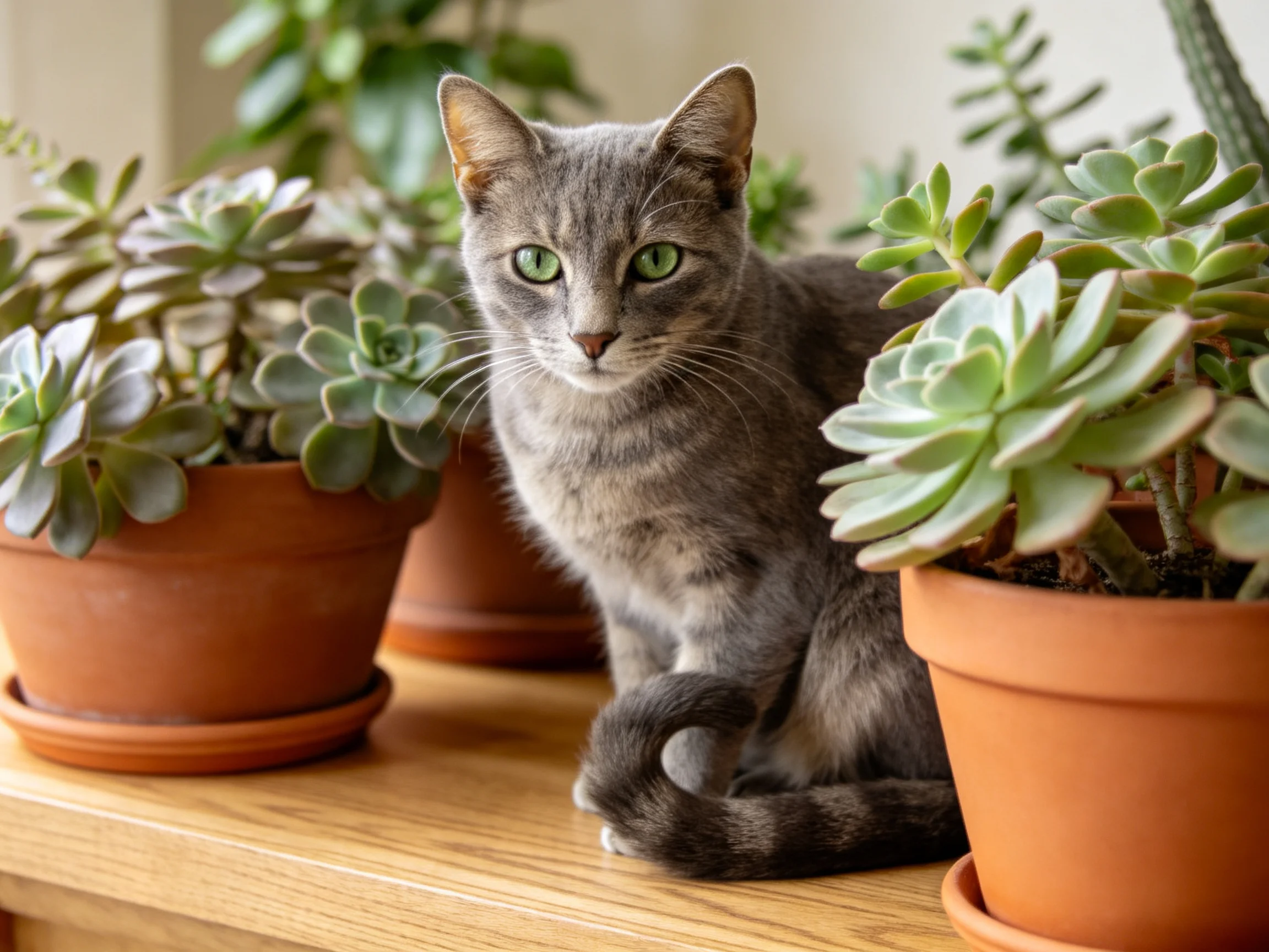 A gray cat among succulent plants in terracotta pots