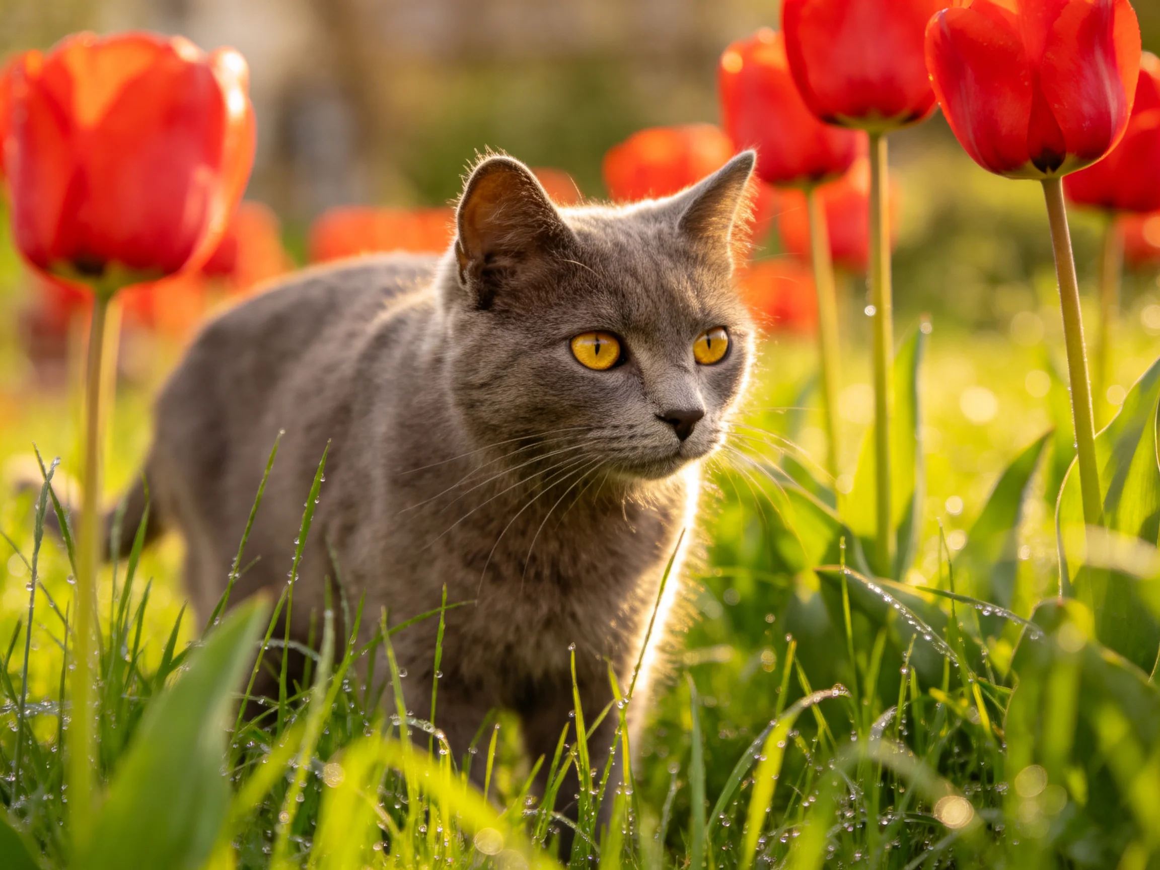 A gray cat explores a field of red tulips and green grass.