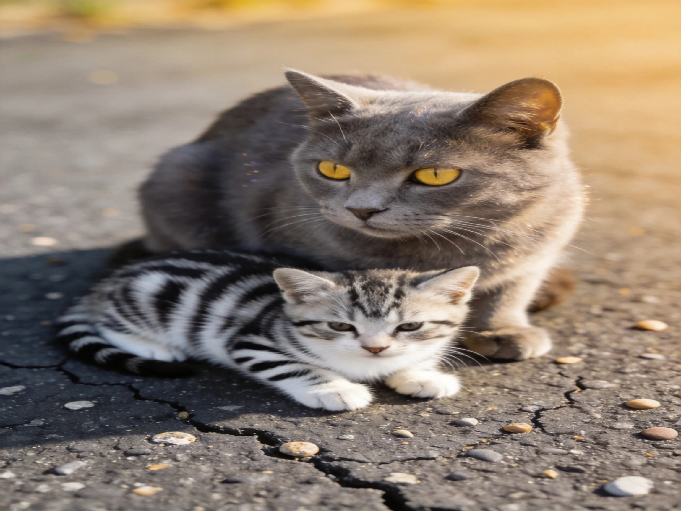An adult gray cat sits beside a young striped kitten on cracked pavement.