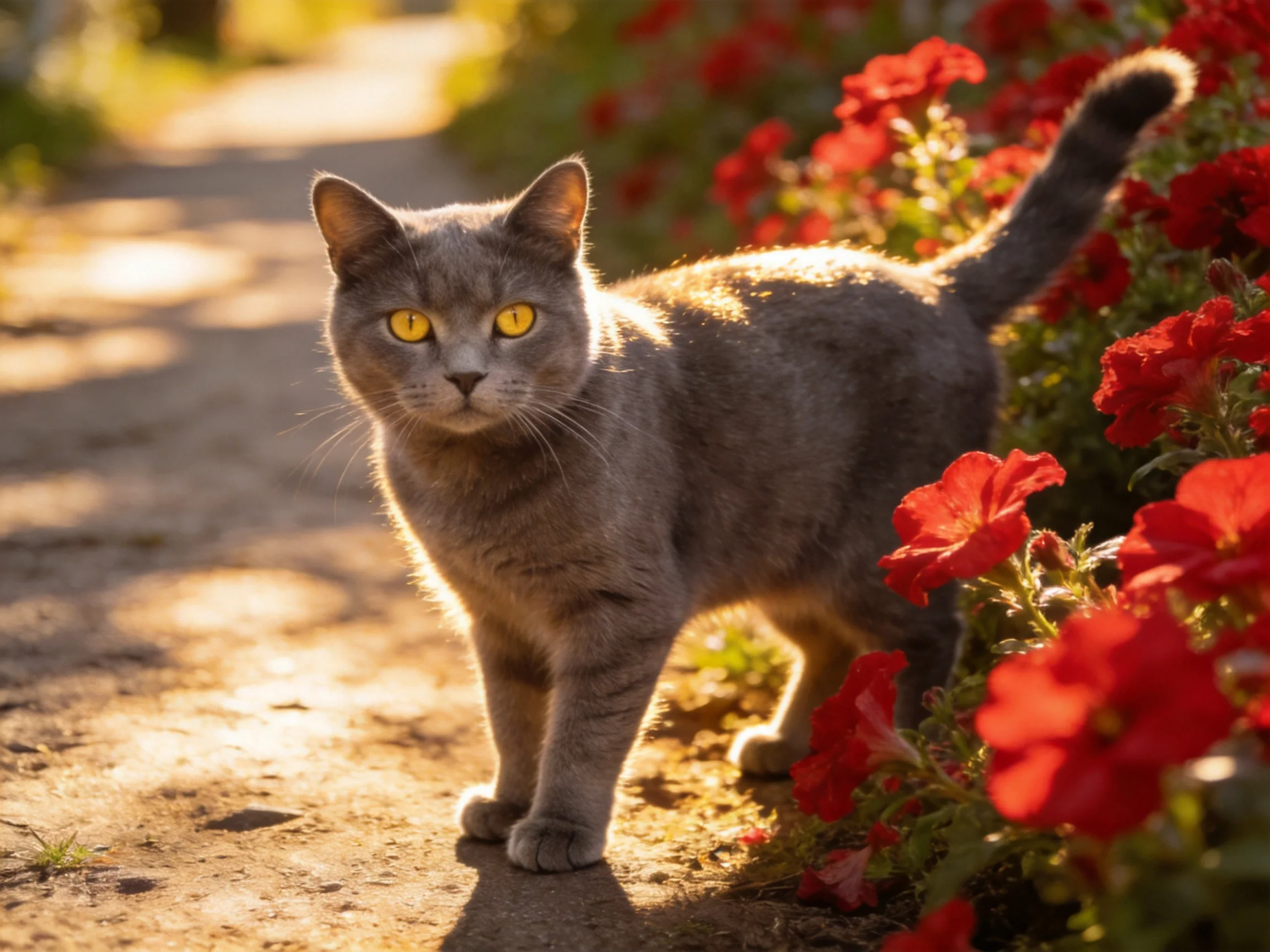 A gray cat roams a sunlit path near bright red flowers