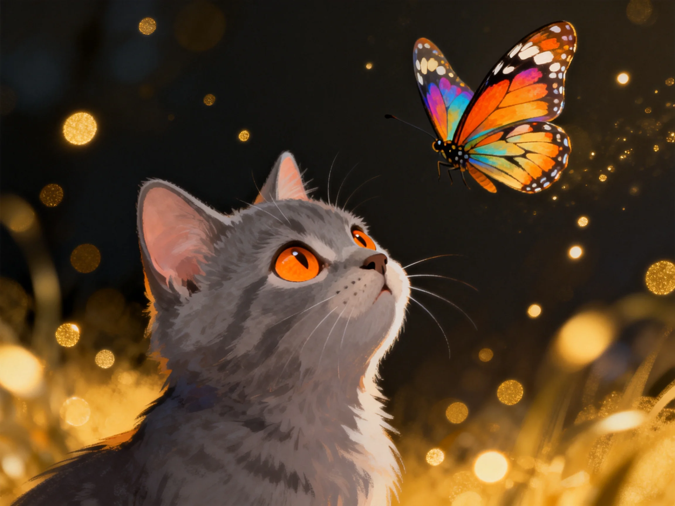 A gray cat looks up at a colorful butterfly amidst shimmering golden light spots.