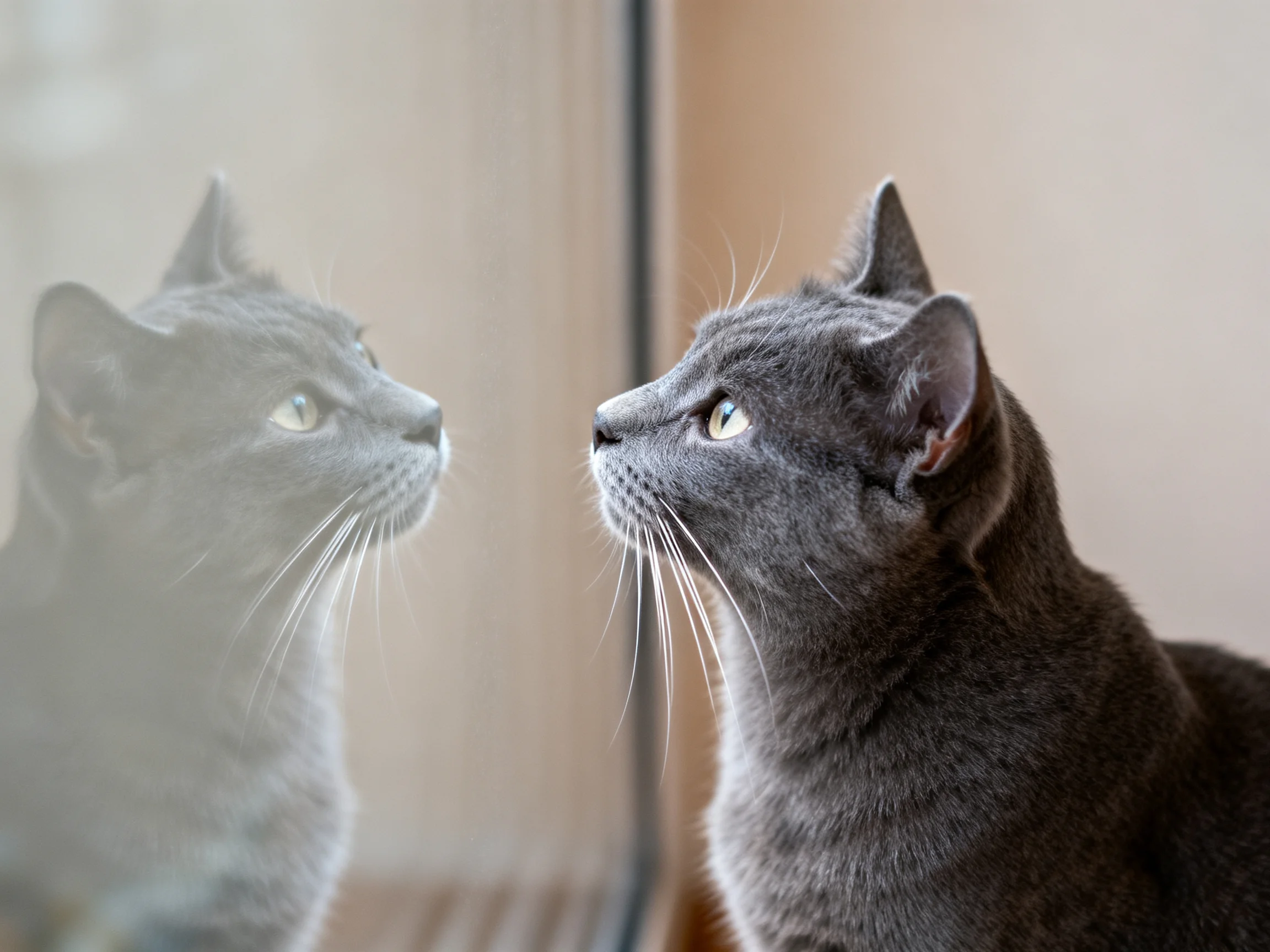 A gray cat gazes at its reflection by a window