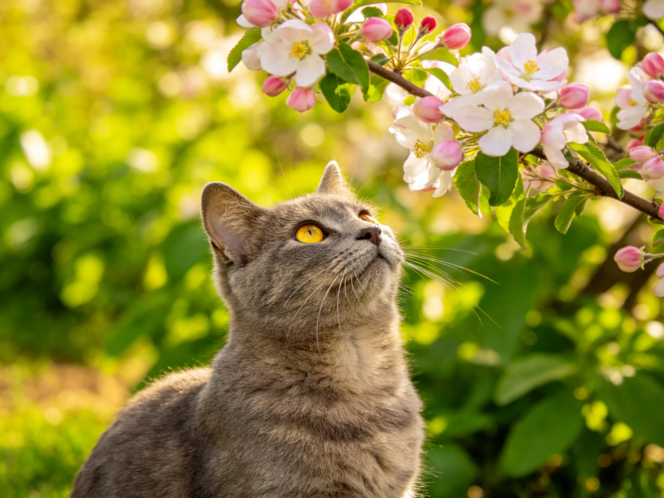 A gray cat observes flowering branches in a sunlit garden.
