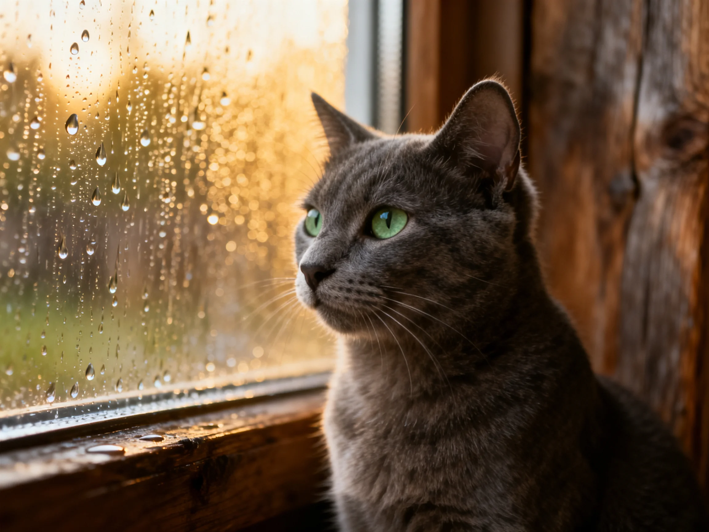 A gray cat gazes out a rain-speckled wooden window with golden light