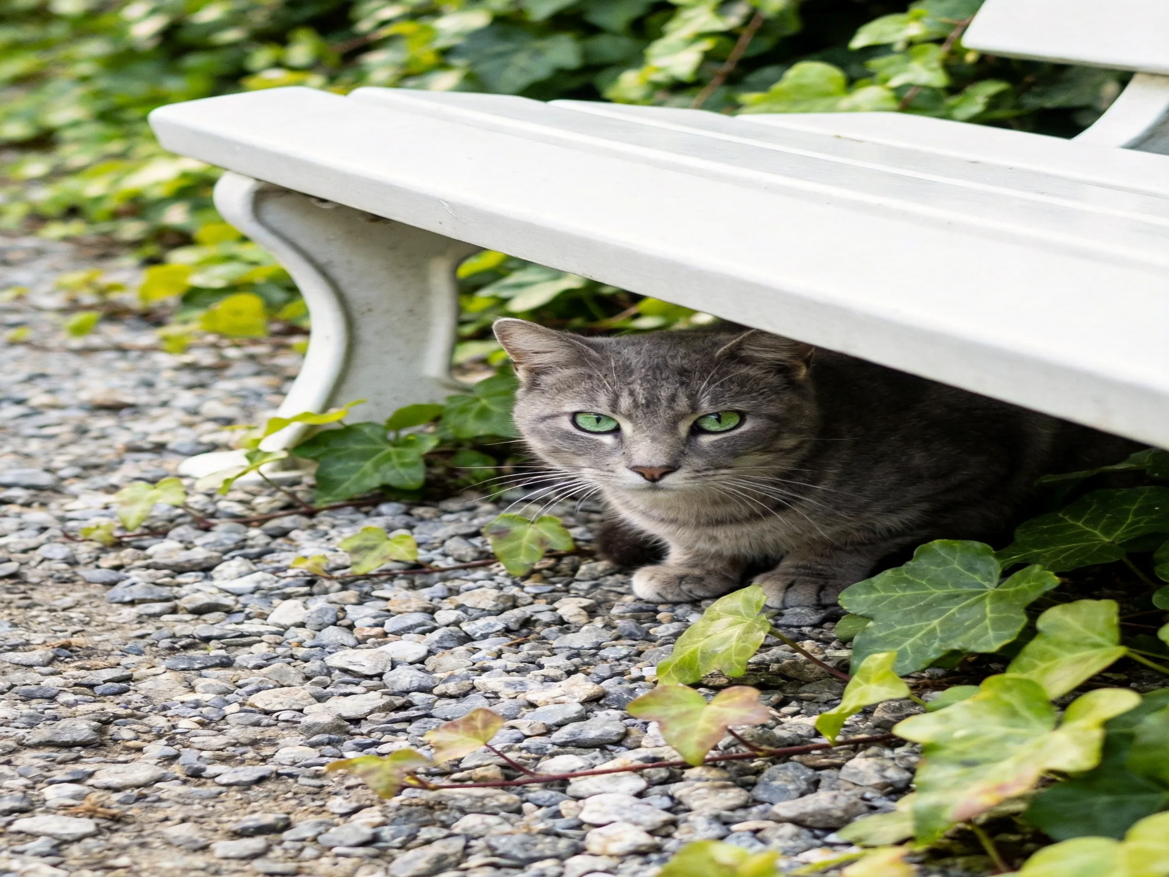 A gray cat hides under a white bench near green foliage