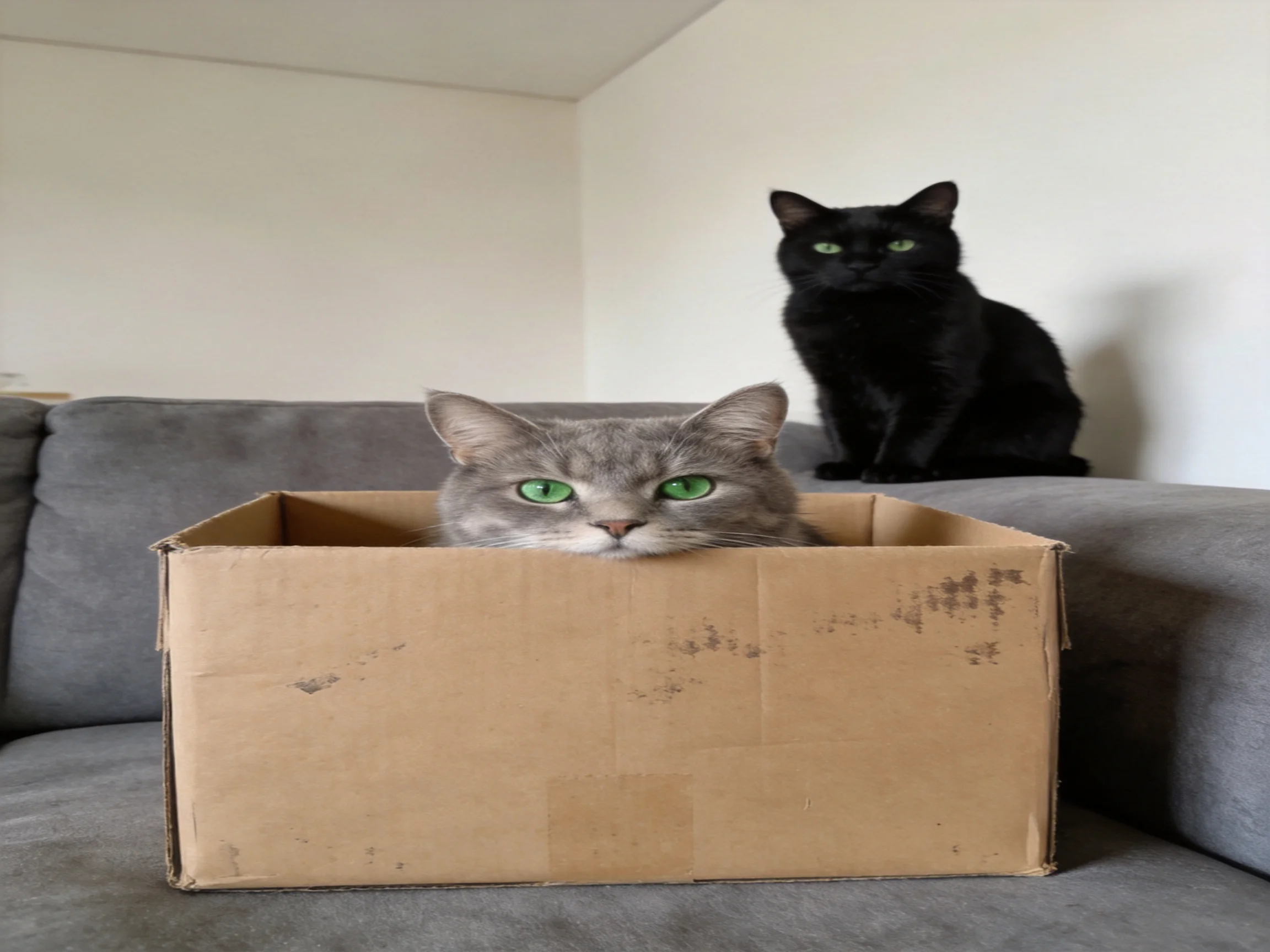 A gray cat in a cardboard box with a black cat on a couch