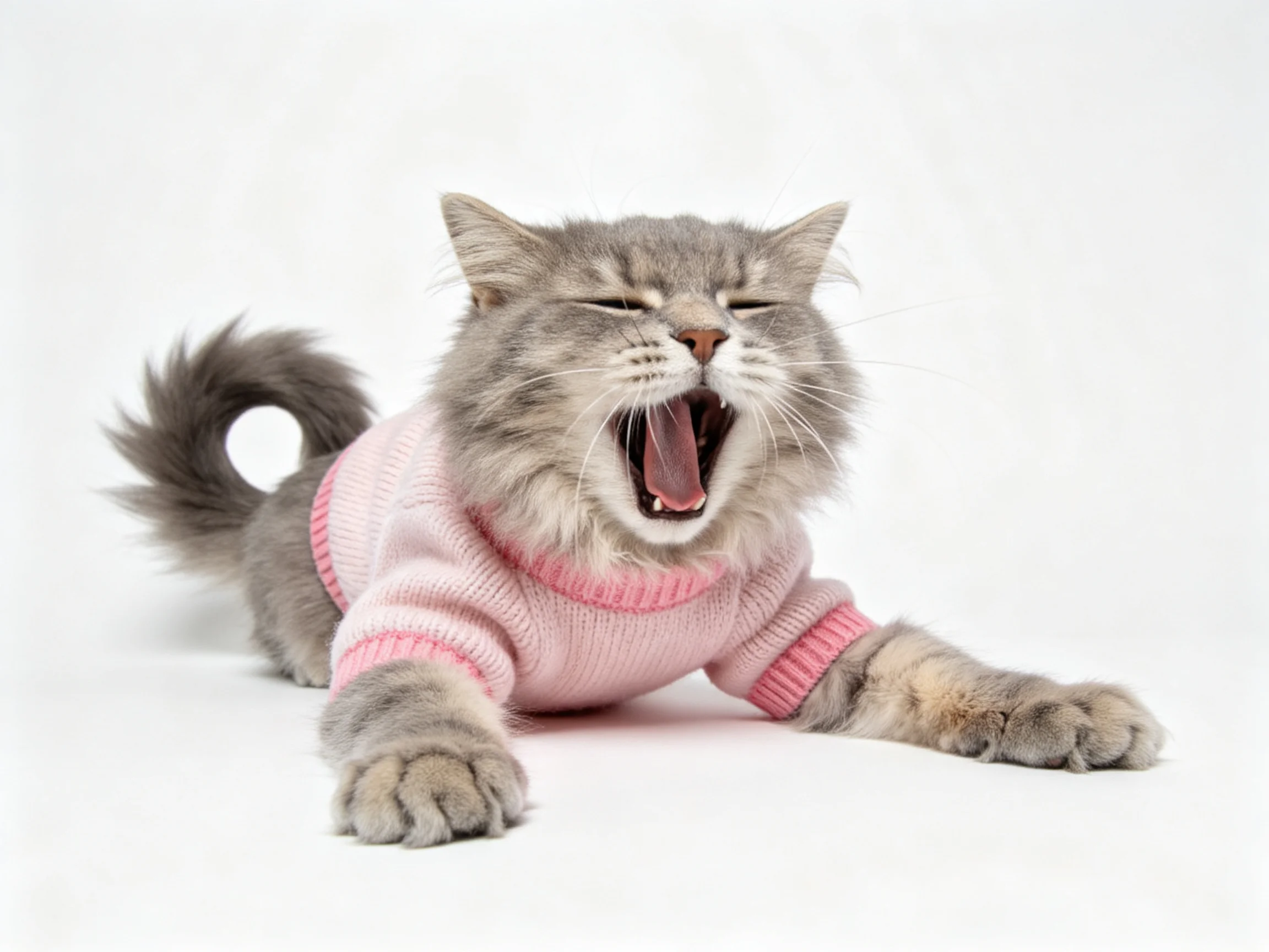 A gray cat in a pink sweater yawning widely