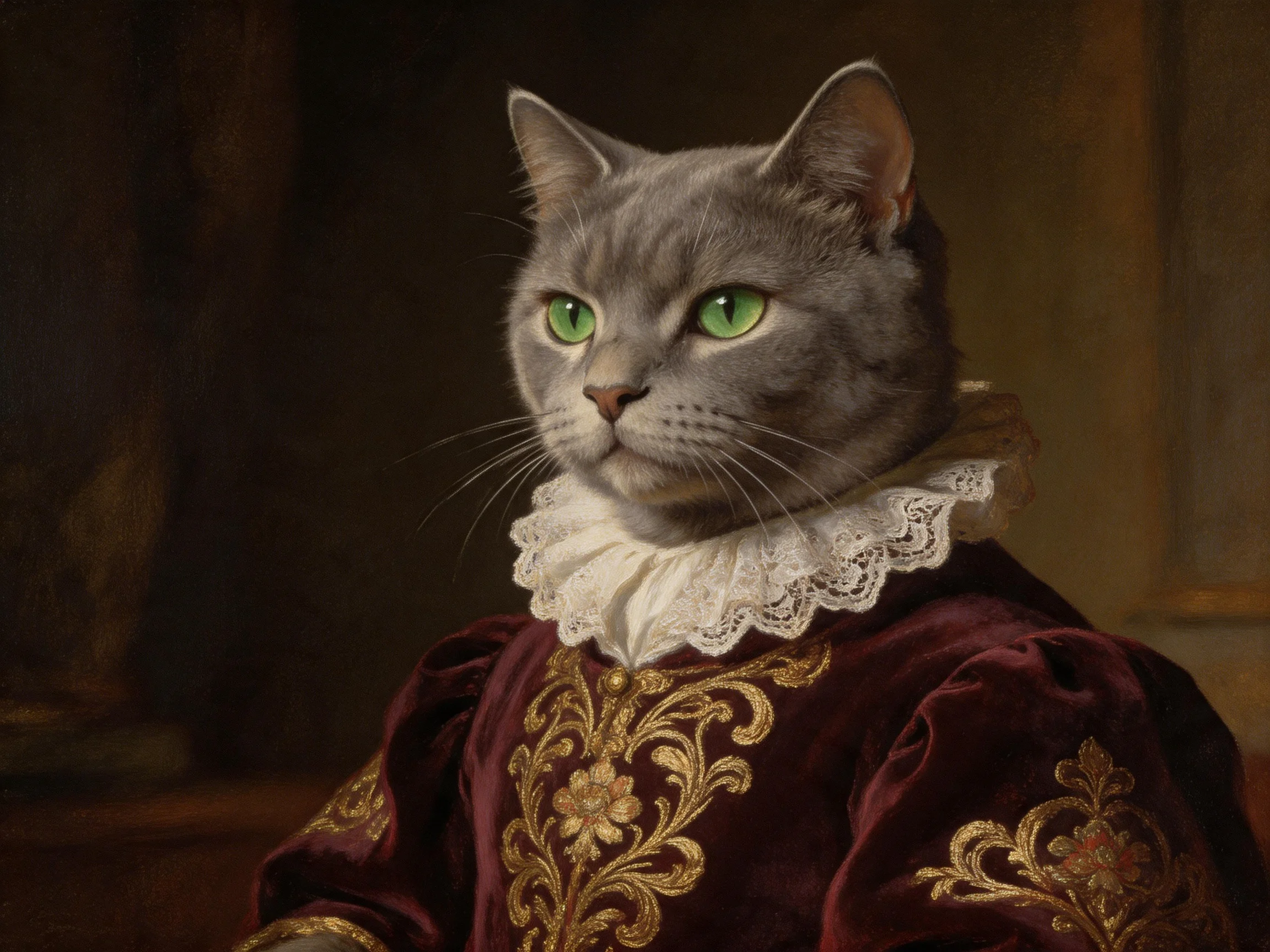 A gray cat in ornate burgundy and gold historical clothing