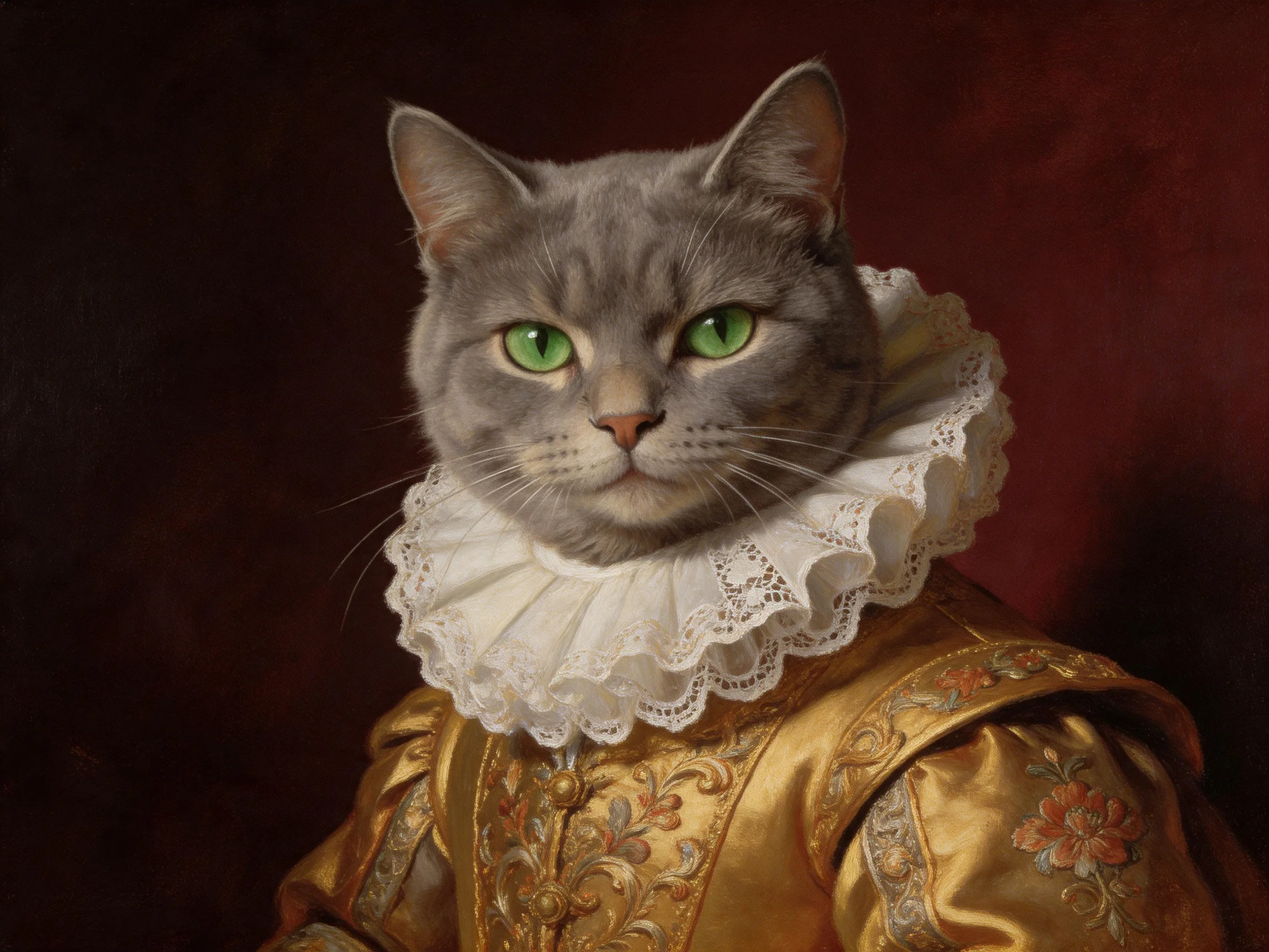 A gray cat wearing elaborate golden clothing and a white lace collar