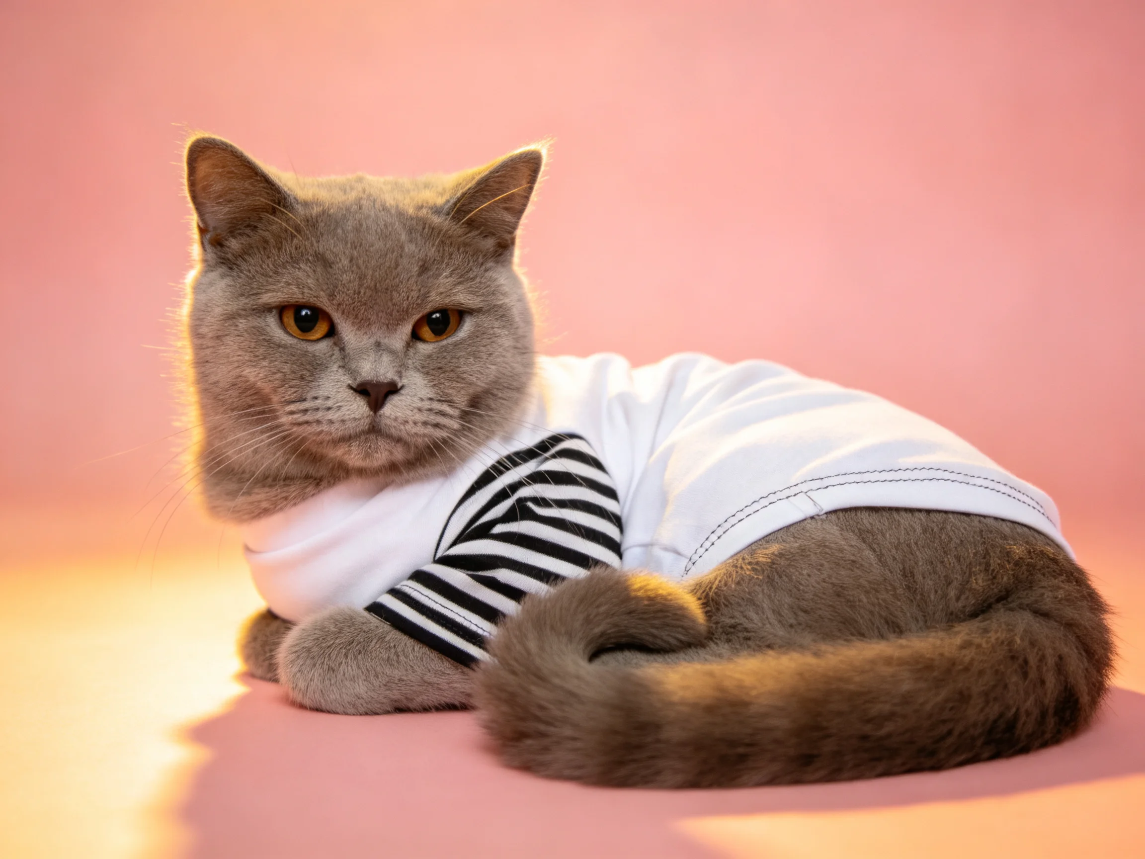A gray cat in striped clothing rests against a soft pink backdrop