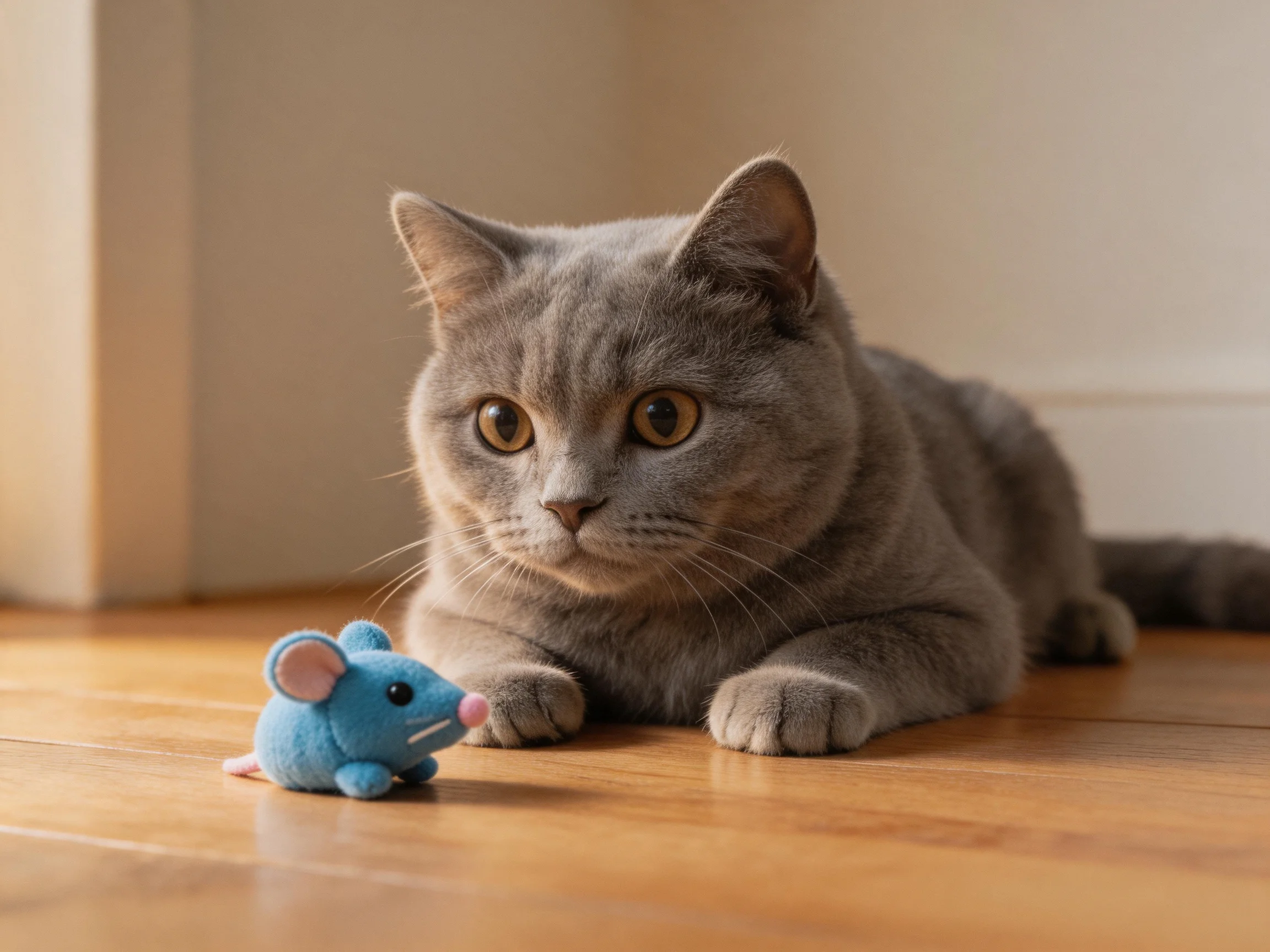 A gray cat observes a small blue plush mouse on a wooden surface.