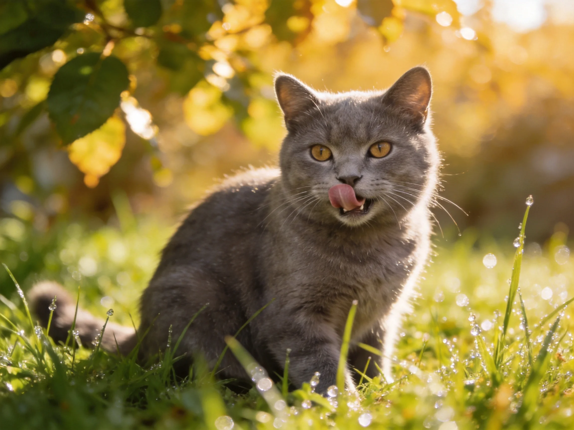 A gray cat lounges in dewy grass amid golden sunlight