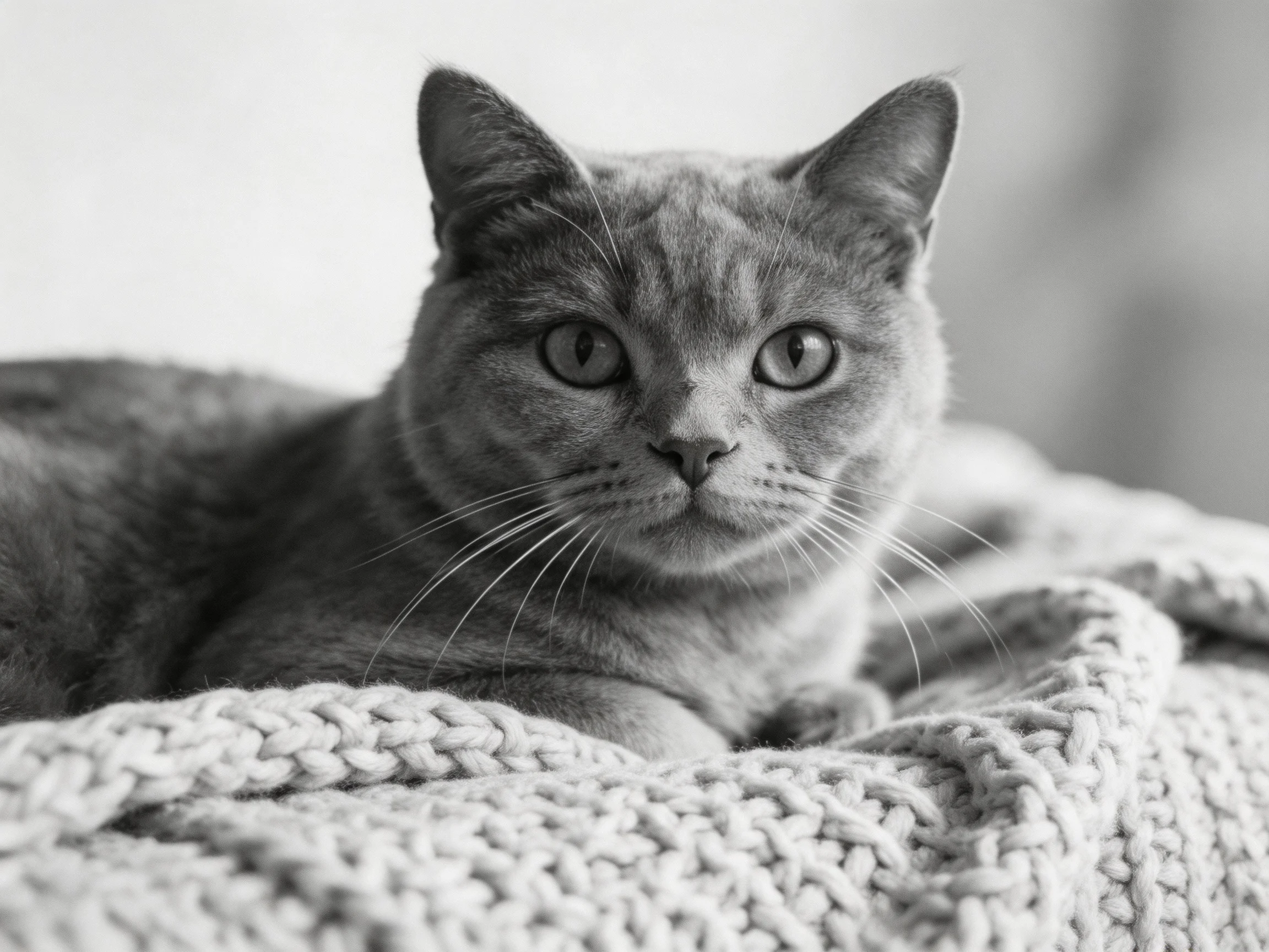 A gray cat lounges on a chunky knitted blanket with soft lighting.