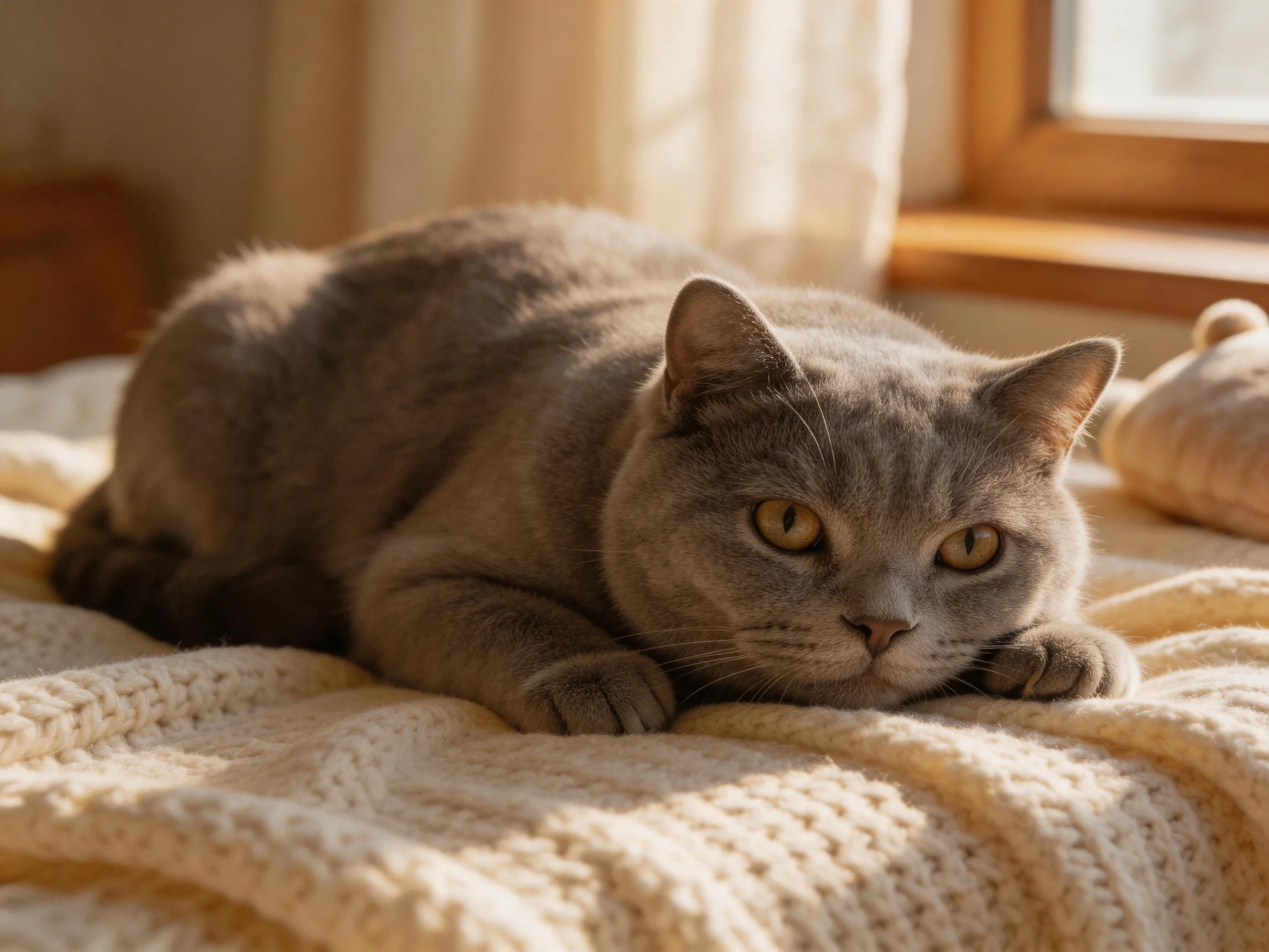 A gray cat relaxes on a cream blanket by a sunlit window