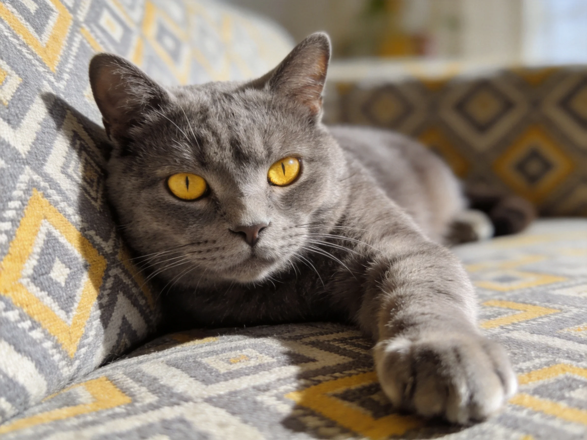 A gray cat lounges on a patterned couch with yellow diamond designs