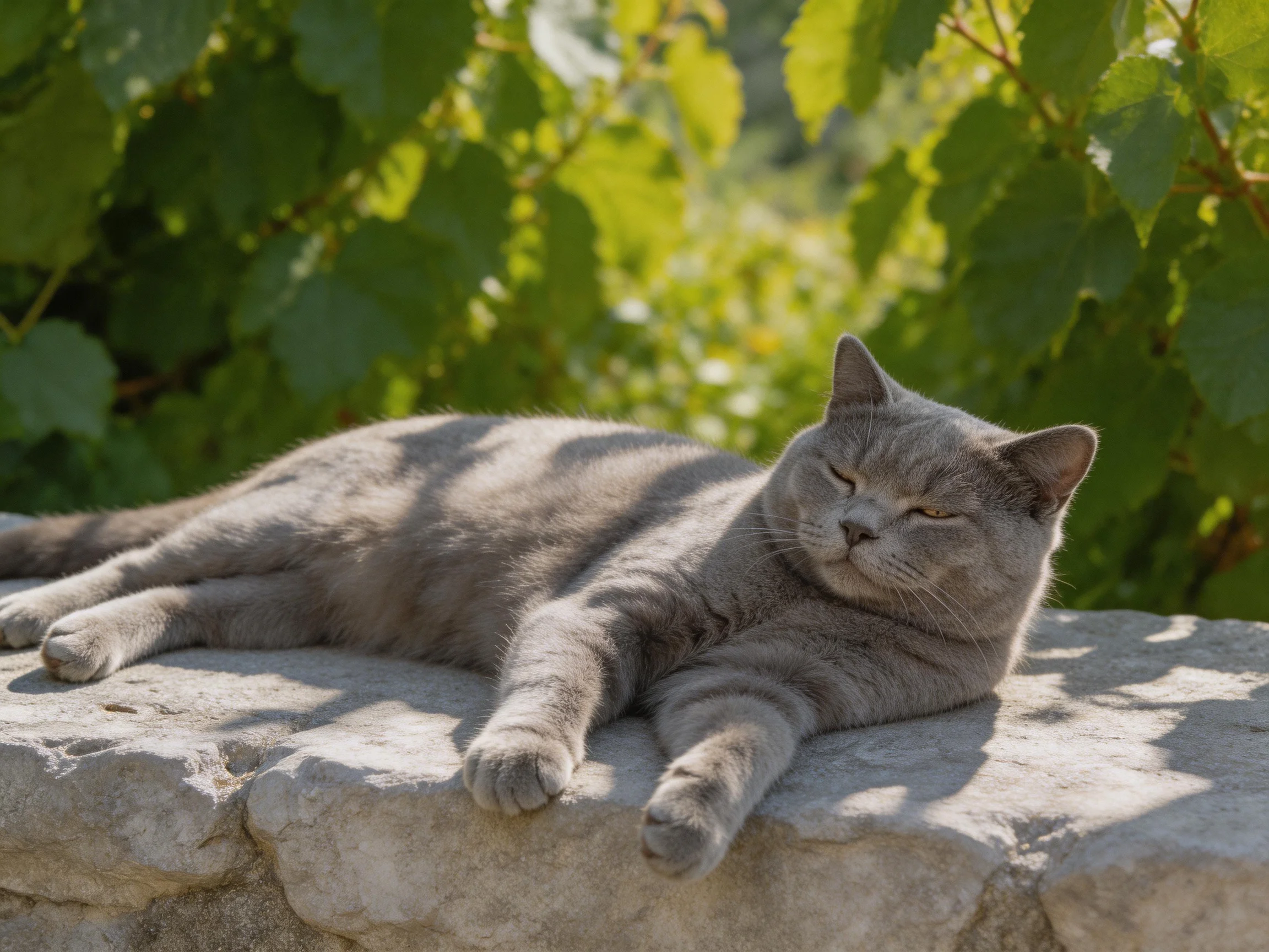 A gray cat relaxes on a stone ledge surrounded by greenery.