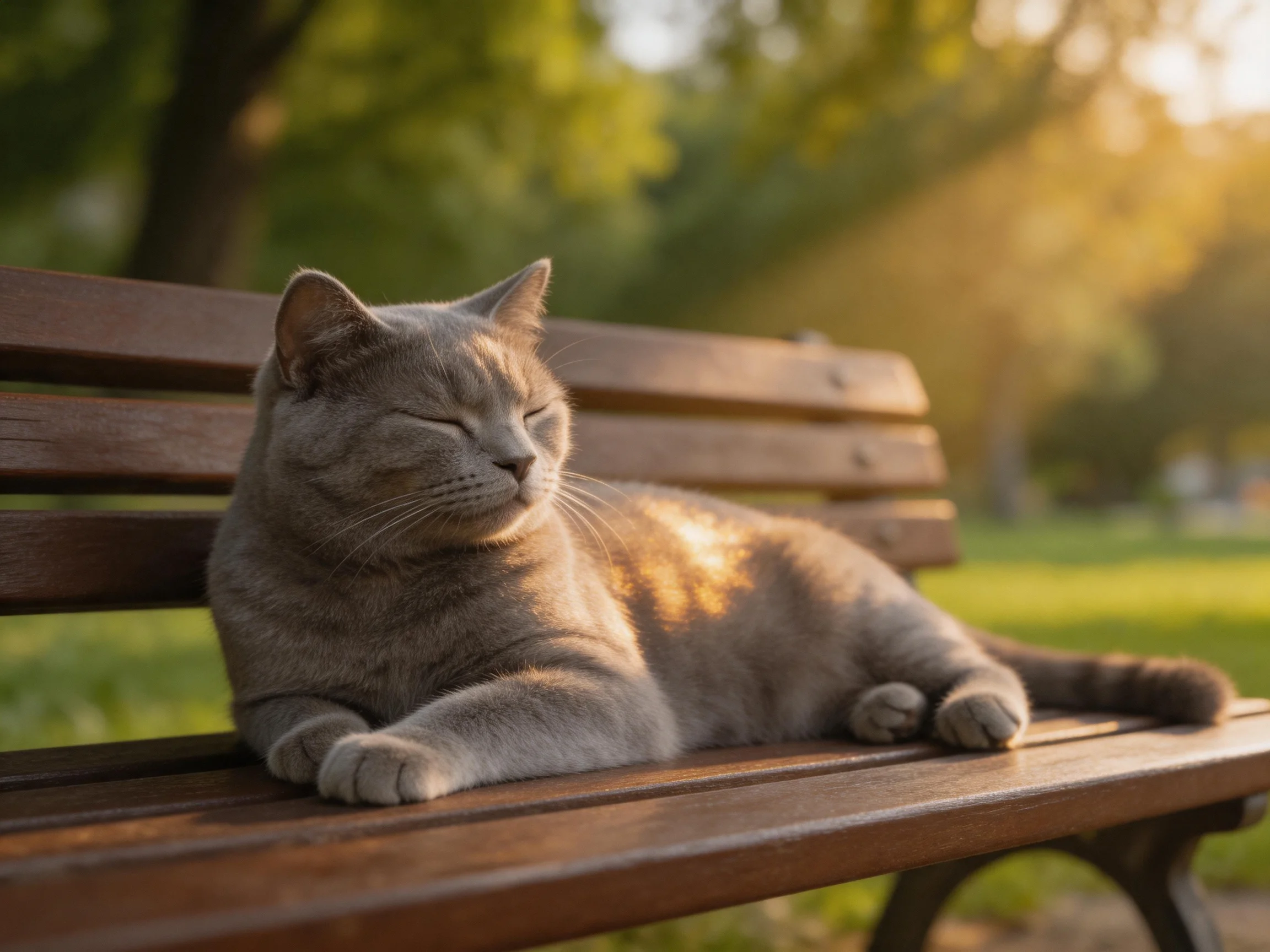 A gray cat lounges on a wooden bench in a sun-drenched park