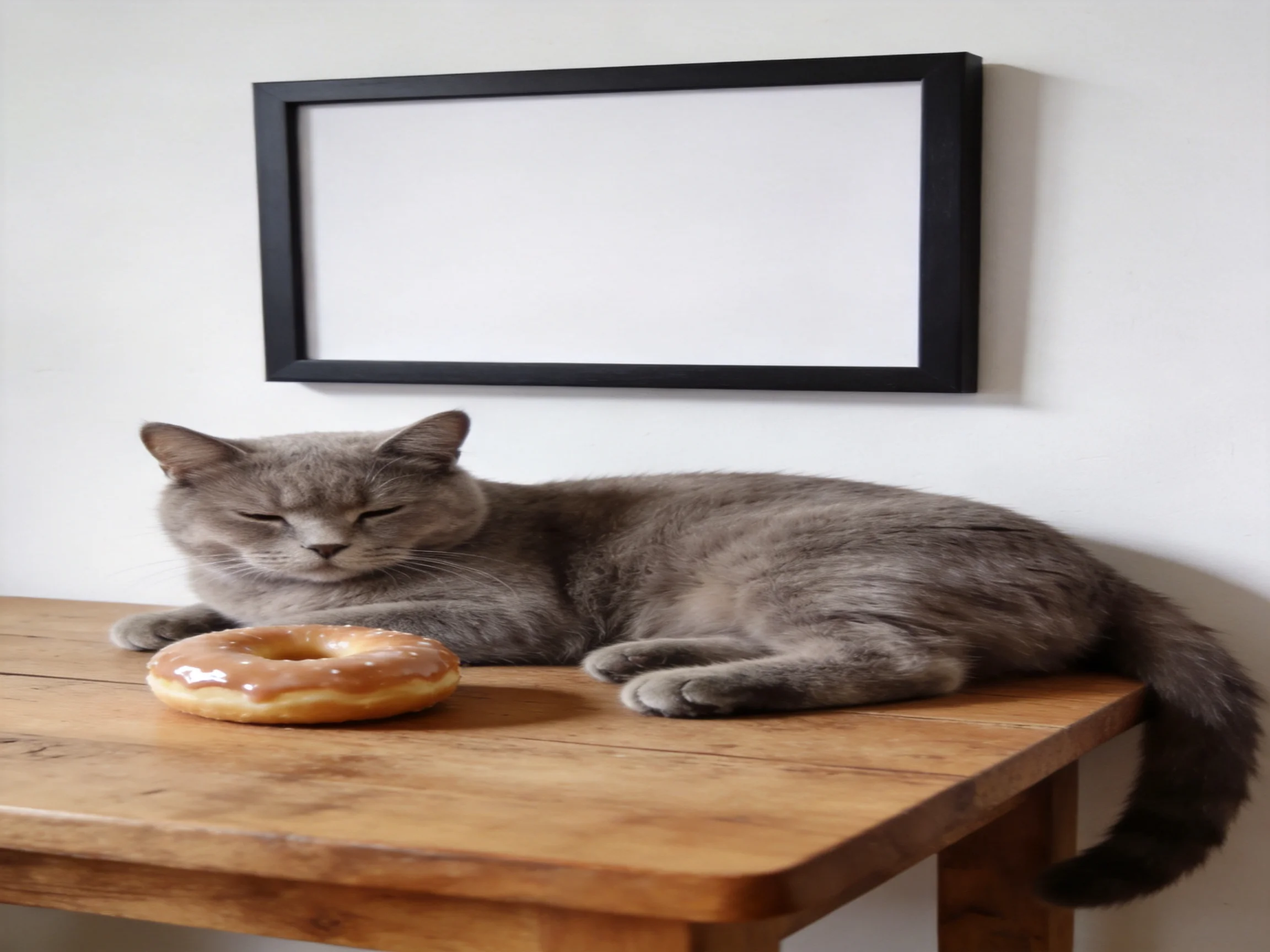 A gray cat relaxes on a wooden table with a glazed donut nearby.