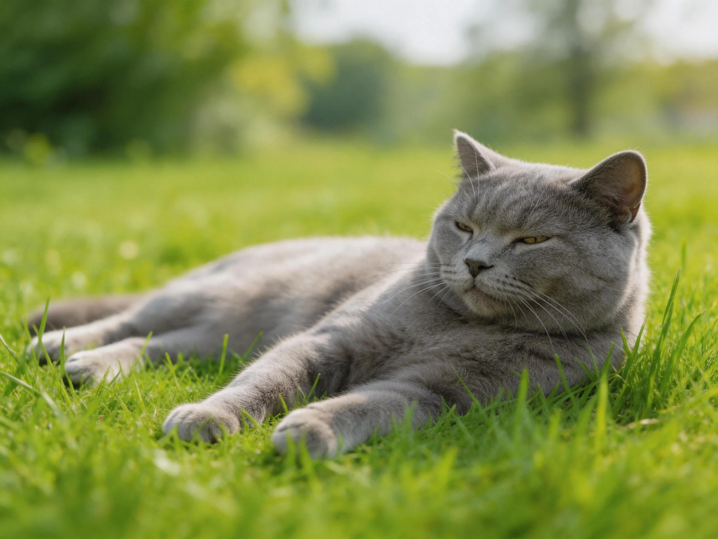 A gray cat relaxes on green grass in a sunny outdoor area