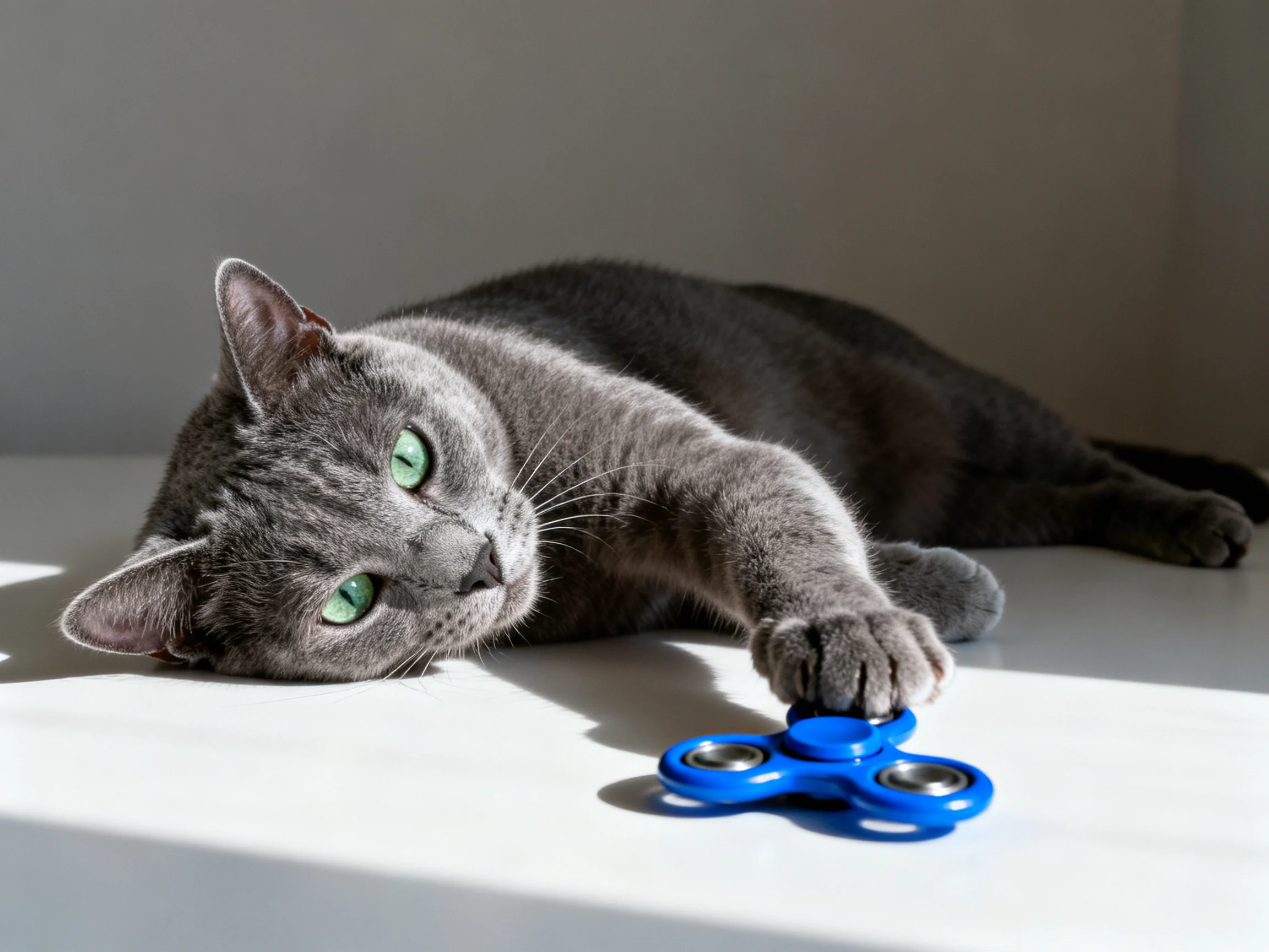 A gray cat lounges while playing with a bright blue fidget spinner