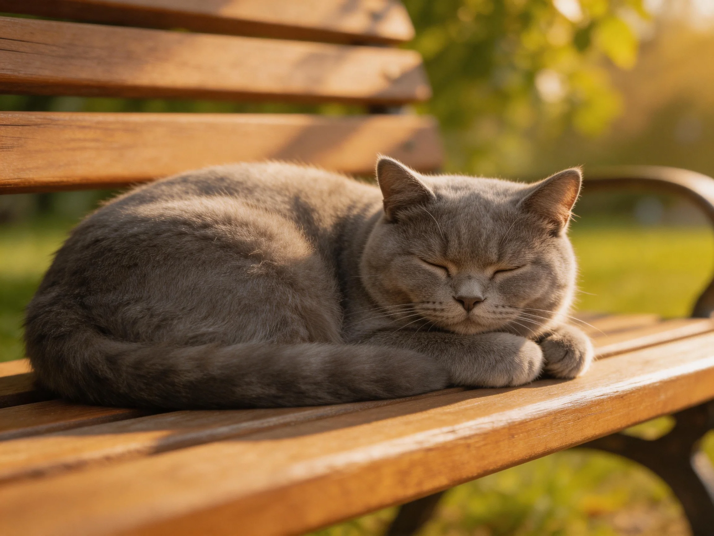 A gray cat naps on a wooden park bench in sunny surroundings