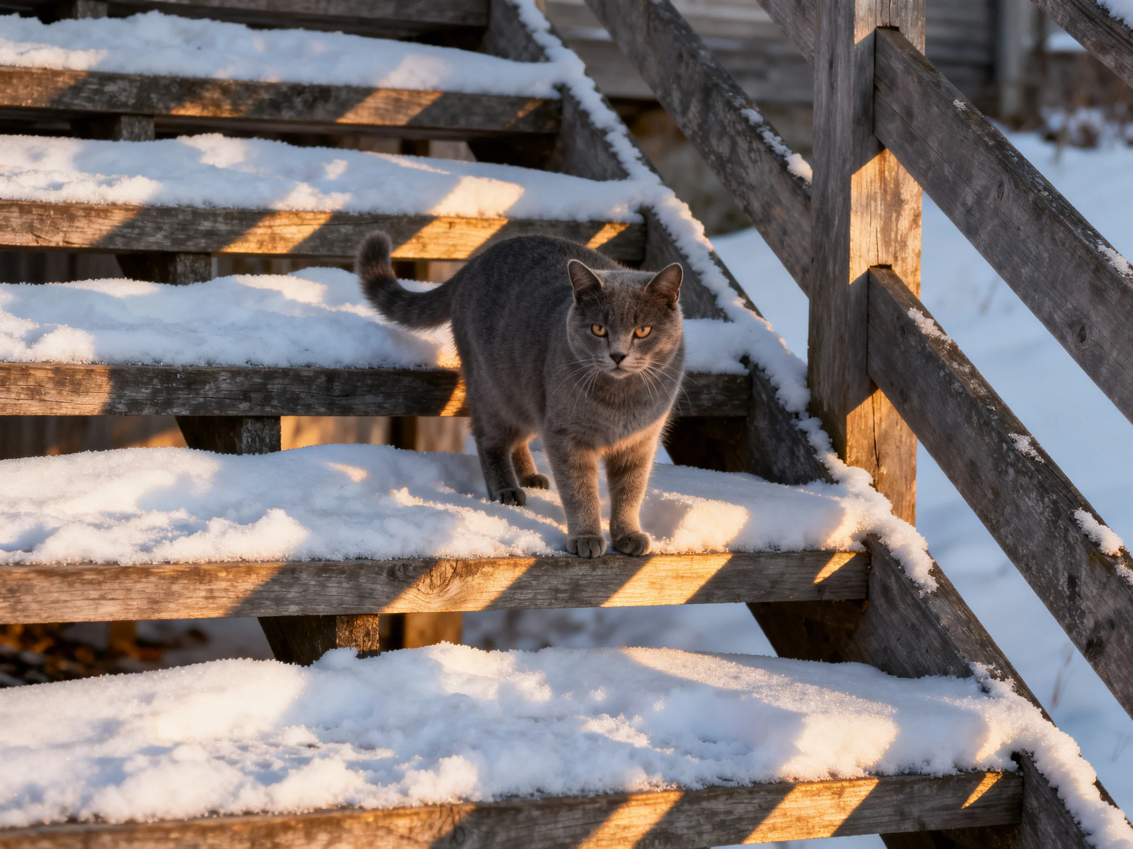 A gray cat on snow - covered wooden stairs in golden sunlight