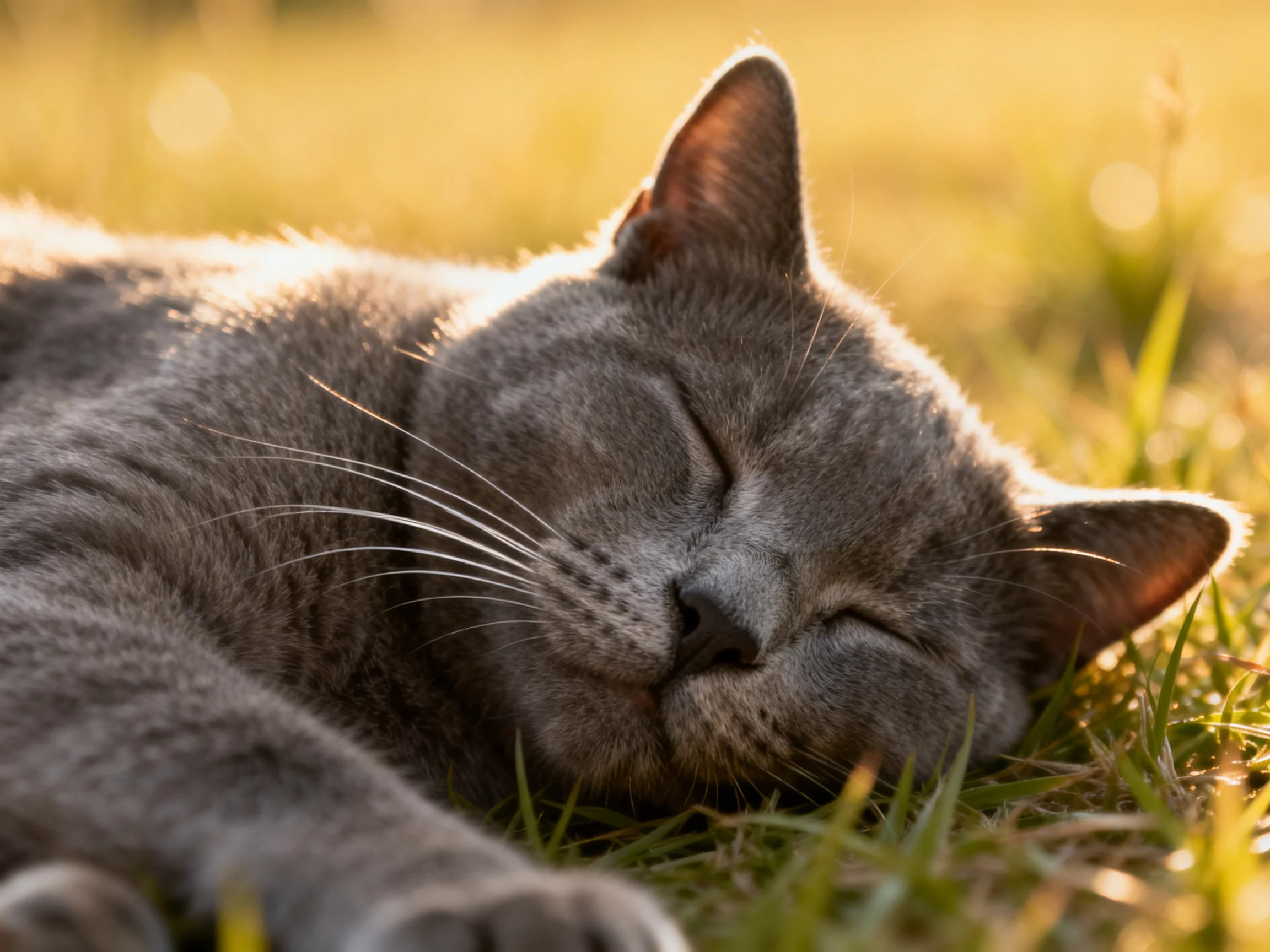 A gray cat peacefully napping on sunlit green grass