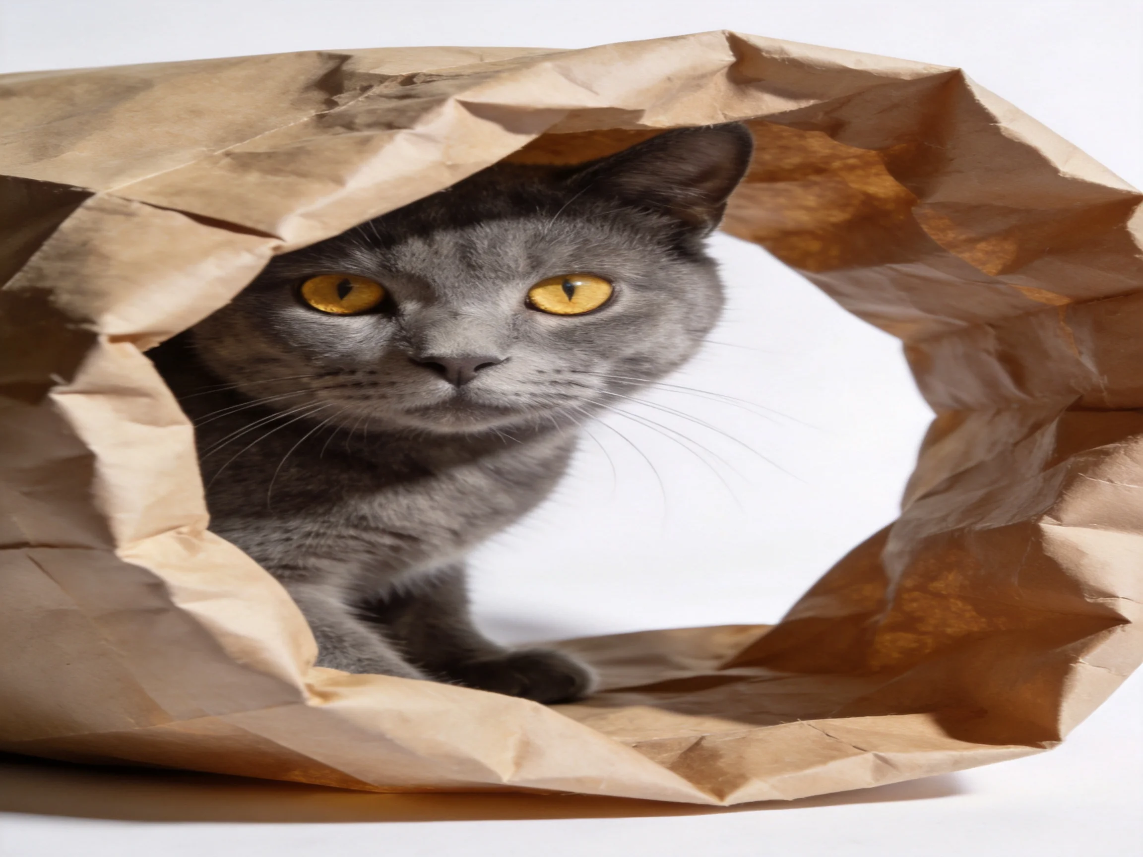 A gray cat peeks from inside an open brown paper bag