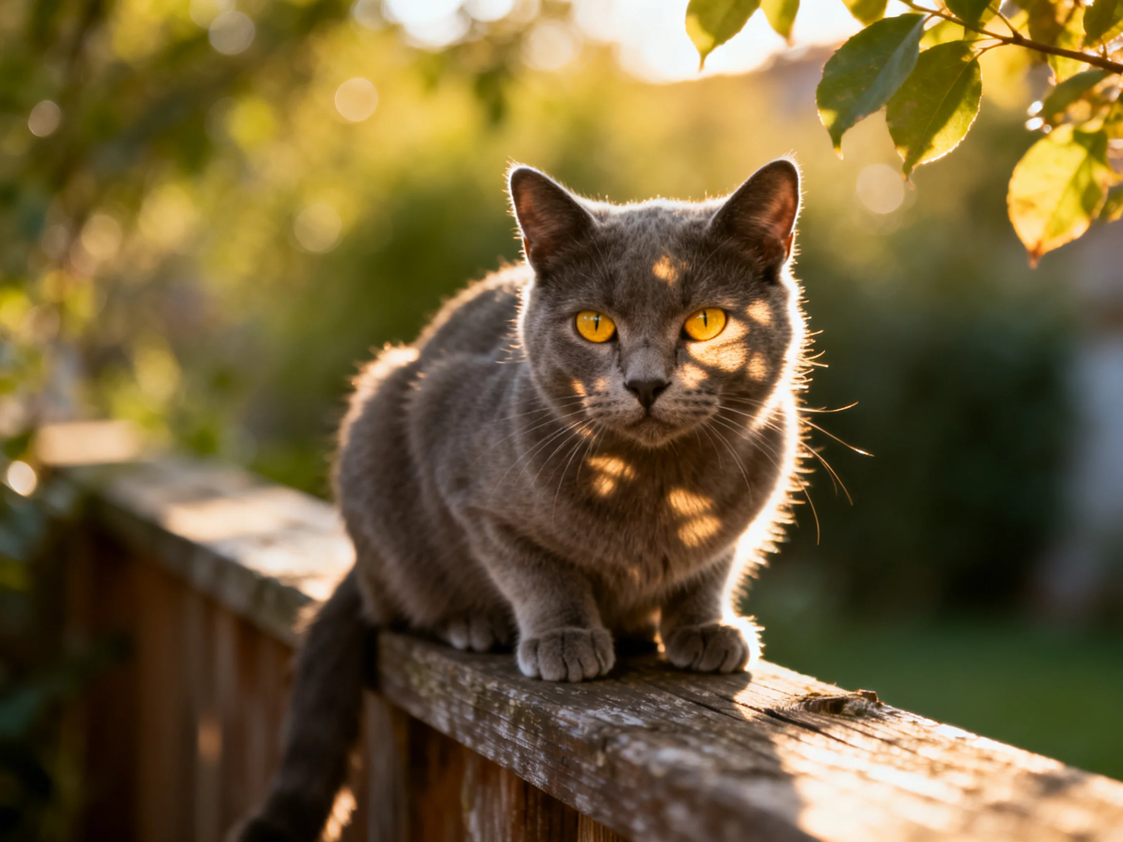 A gray cat perched on a wooden fence in golden sunlight