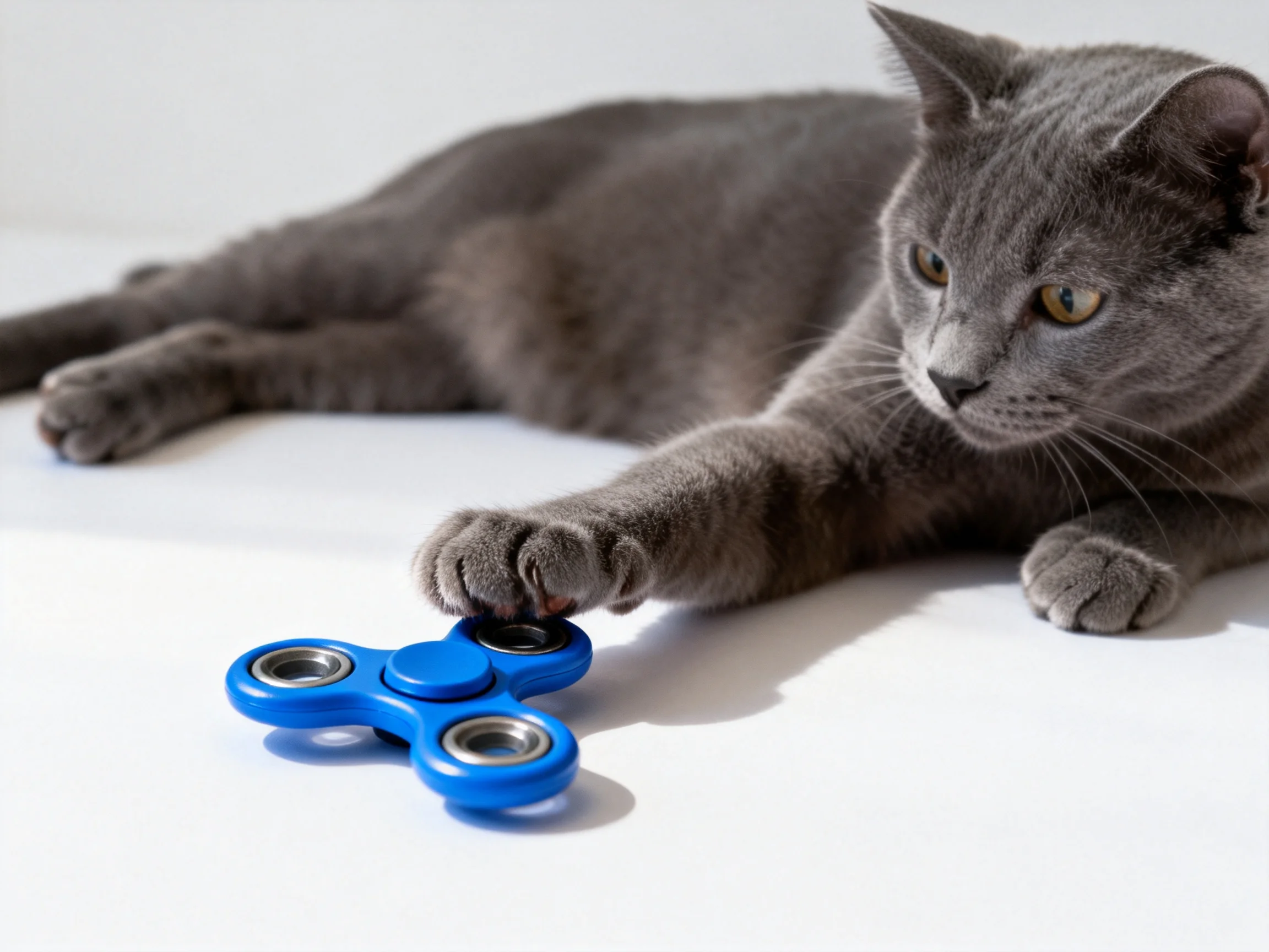 A gray cat plays with a bright blue fidget spinner on a white surface
